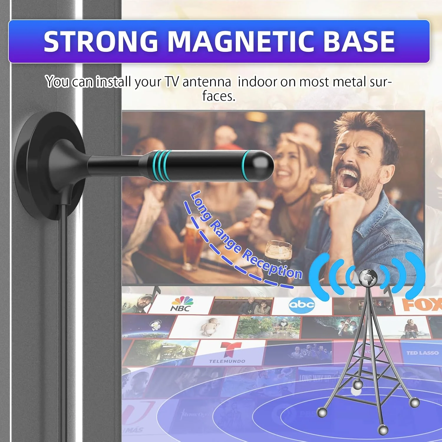 آنتن تلویزیون داخلی - آنتن دیجیتال HD Freeview برای تلویزیون هوشمند، گیرندگی 360 درجه تا 250 مایل، سیگنال VHF/UHF، پشتیبانی از 4K 1080p، نصب آسان