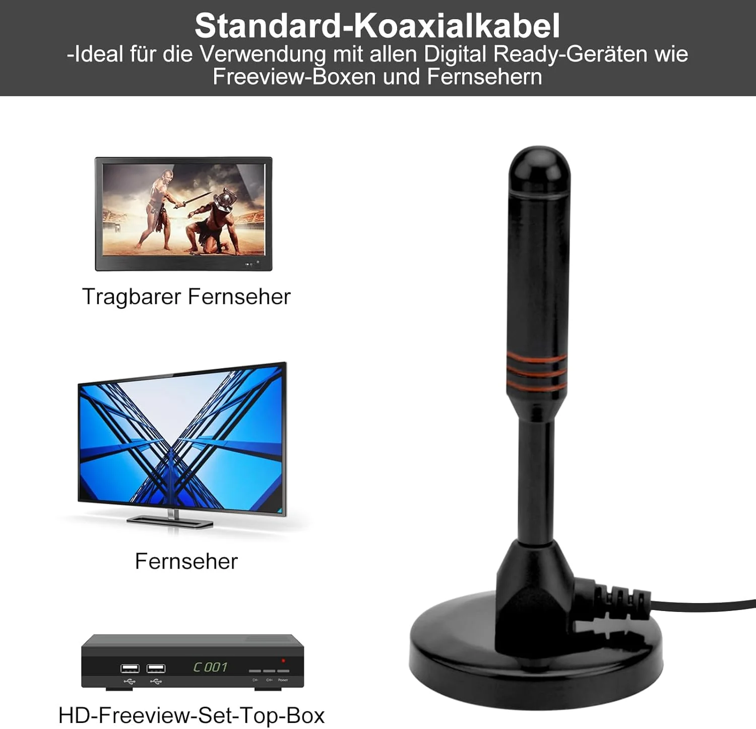 آنتن HENGBIRD DVB-T2 - آنتن دیجیتال داخلی برای تلویزیون، آنتن با تقویت کننده، گیرندگی 360 درجه - با پایه مغناطیسی - کابل 5 متری، پشتیبانی از کانال های 4K HD و تمام تلویزیون ها