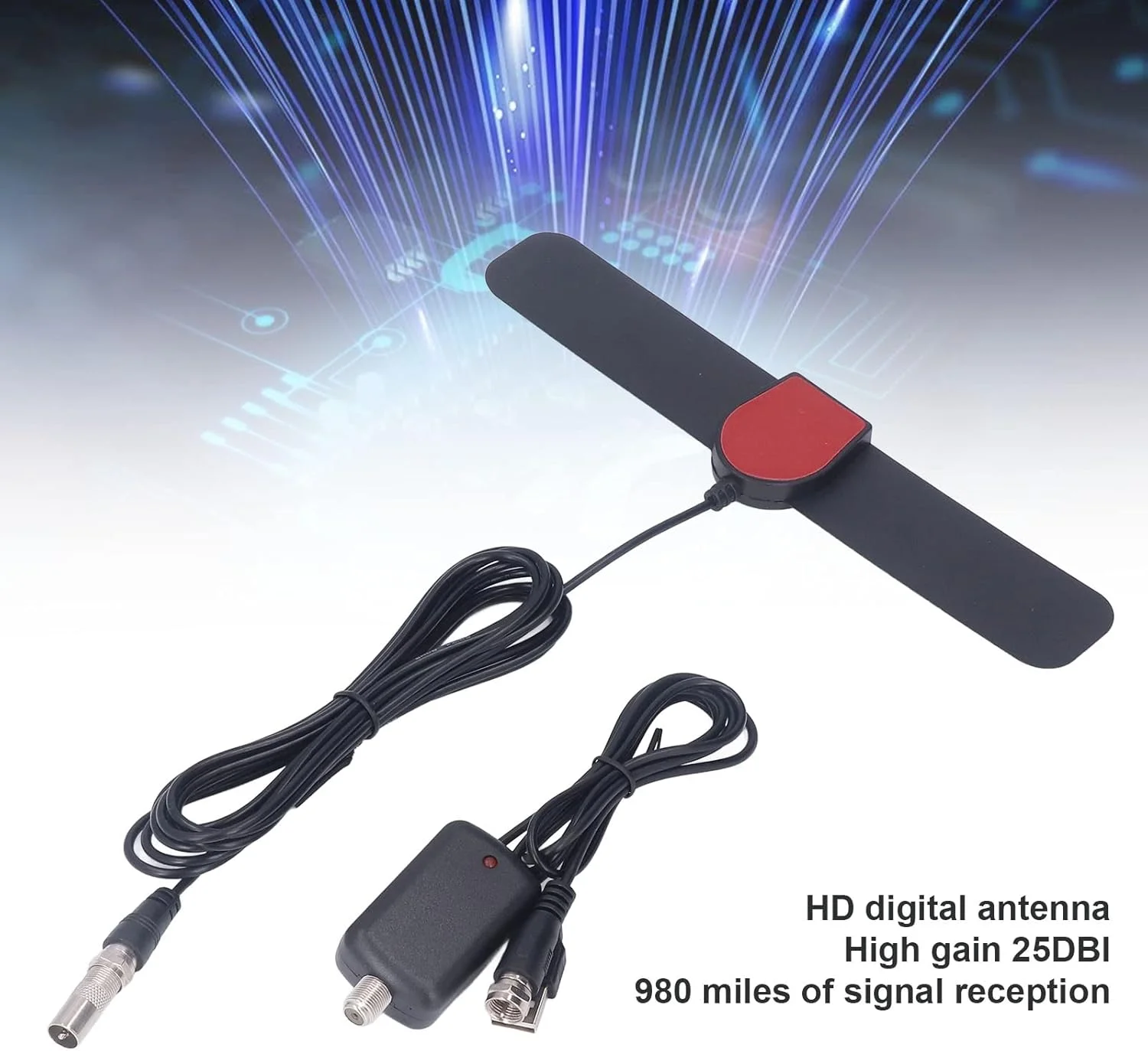 آنتن تلویزیون HDTV با برد 980 مایل، دریافت چندگانه، 25DB1 RG174، بدنه ABS مناسب برای منزل