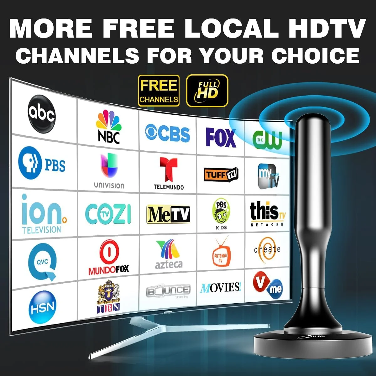 آنتن تلویزیون HIDB برای تلویزیون هوشمند داخلی، آنتن تلویزیون داخلی با پایه مغناطیسی قوی برای نصب آسان، آنتن HD با برد بلند برای کانال های تلویزیون داخلی 4k 1080P - کابل های 10 فوتی