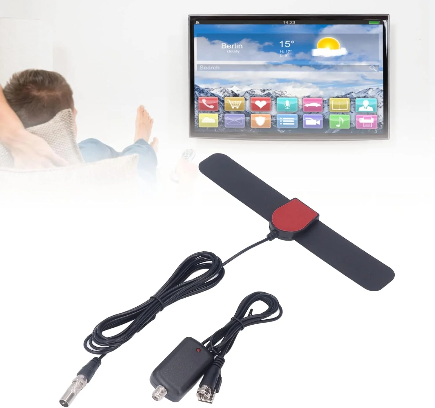 آنتن تلویزیون HDTV با برد 980 مایل، دریافت چندگانه، 25DB1 RG174، بدنه ABS مناسب برای منزل