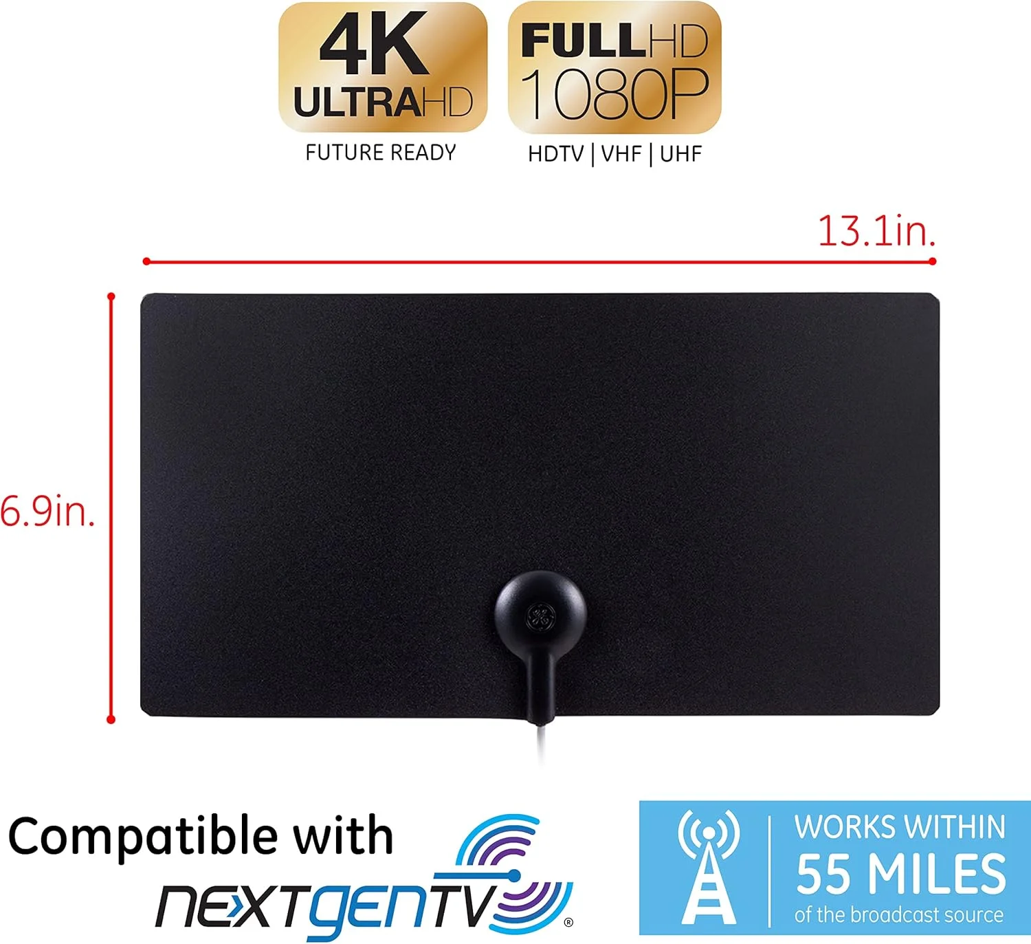 آنتن تلویزیون داخلی GE Ultra Edge، برد 50 مایل، دکوراسیون منزل، دیجیتال، آنتن HDTV، سازگار با تلویزیون هوشمند، 4K 1080P VHF UHF، کابل کواکسیال 6 فوت، تقویت کننده، تقویت کننده سیگنال، 33678