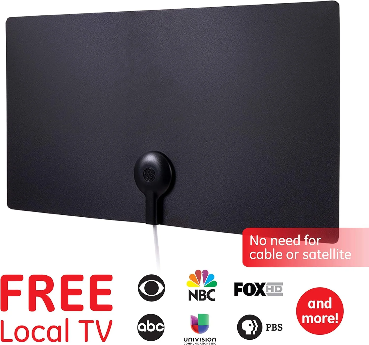 آنتن تلویزیون داخلی GE Ultra Edge، طراحی باریک و دو طرفه مشکی سفید مناسب دکوراسیون منزل، 4K 1080P VHF UHF، آنتن دوربرد، دیجیتال، آنتن HDTV، سازگار با تلویزیون هوشمند، کابل کواکسیال 6 فوتی، 11264