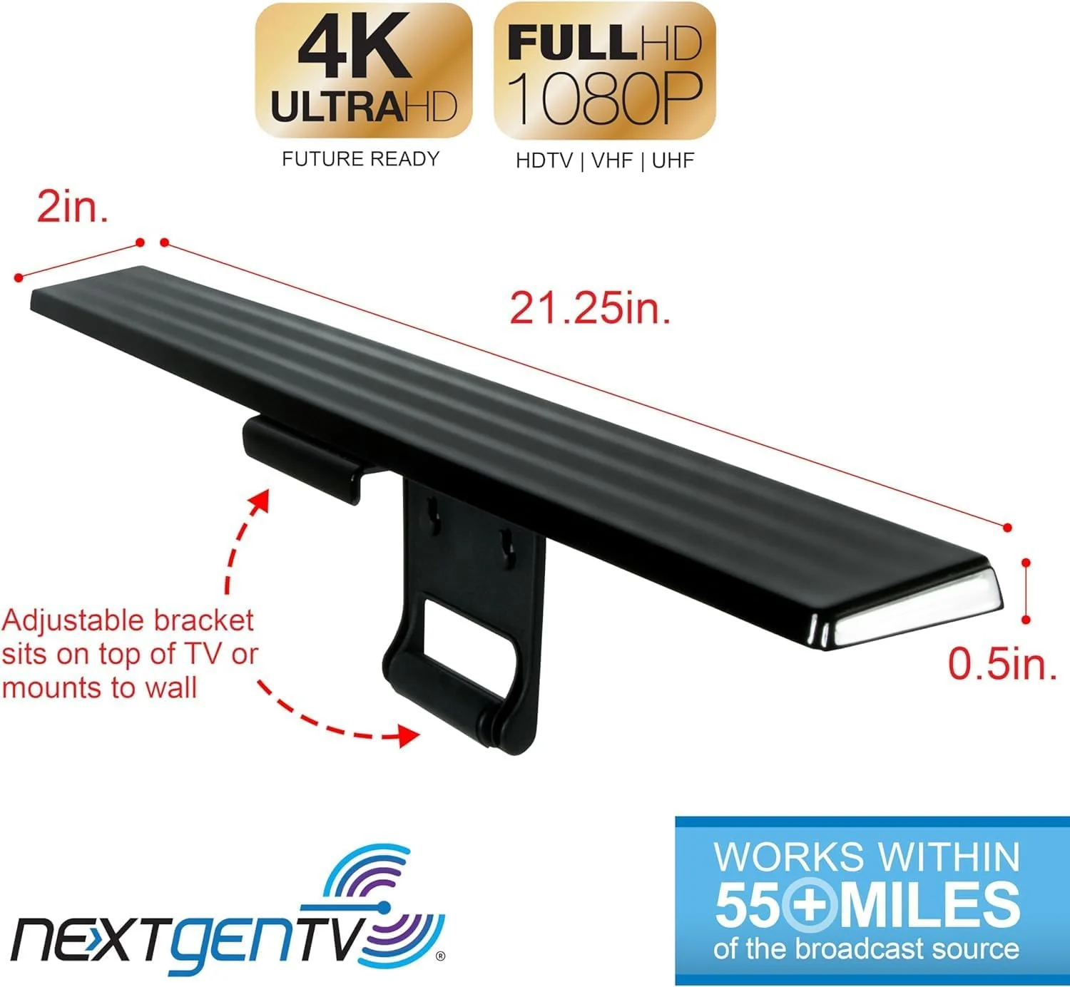 آنتن تلویزیون دیجیتال HD تقویت‌شده GE، آنتن تلویزیون هوشمند دوربرد، نصب آسان روی تلویزیون، پشتیبانی از 4K 1080P HDTV VHF UHF، تقویت‌کننده سیگنال داخلی، کابل کواکسیال 1.5 متری HDTV / آداپتور AC، 37075