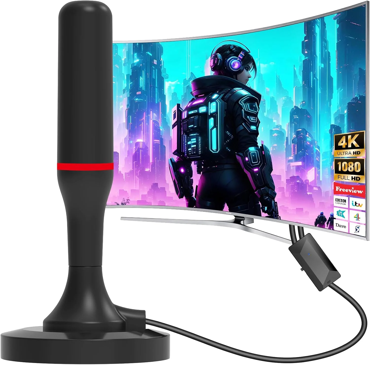 آنتن تلویزیون دیجیتال داخلی، آنتن Freeview TV برای تلویزیون هوشمند با تقویت کننده سیگنال، برد بلند 560+، پشتیبانی از 4K 1080P HDTV، نصب آسان، بهینه شده برای کانال های محلی - کابل کواکسیال 10 فوت