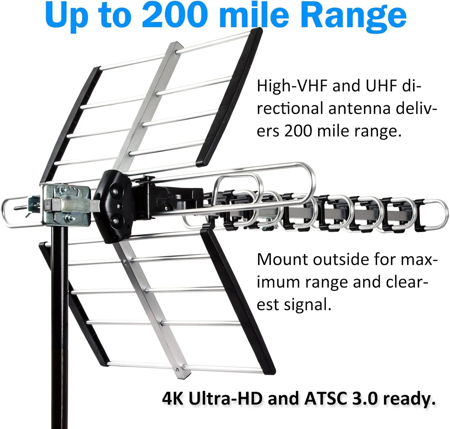 آنتن تلویزیون HD پنج ستاره مناسب فضای باز با برد طولانی تا 320 کیلومتر، آنتن تلویزیون قابل نصب در اتاق زیر شیروانی یا روی سقف، آنتن دیجیتال OTA با برد طولانی برای 4K 1080P VHF UHF به همراه پایه J و کابل کواکسیال RG6 به طول 12 متر