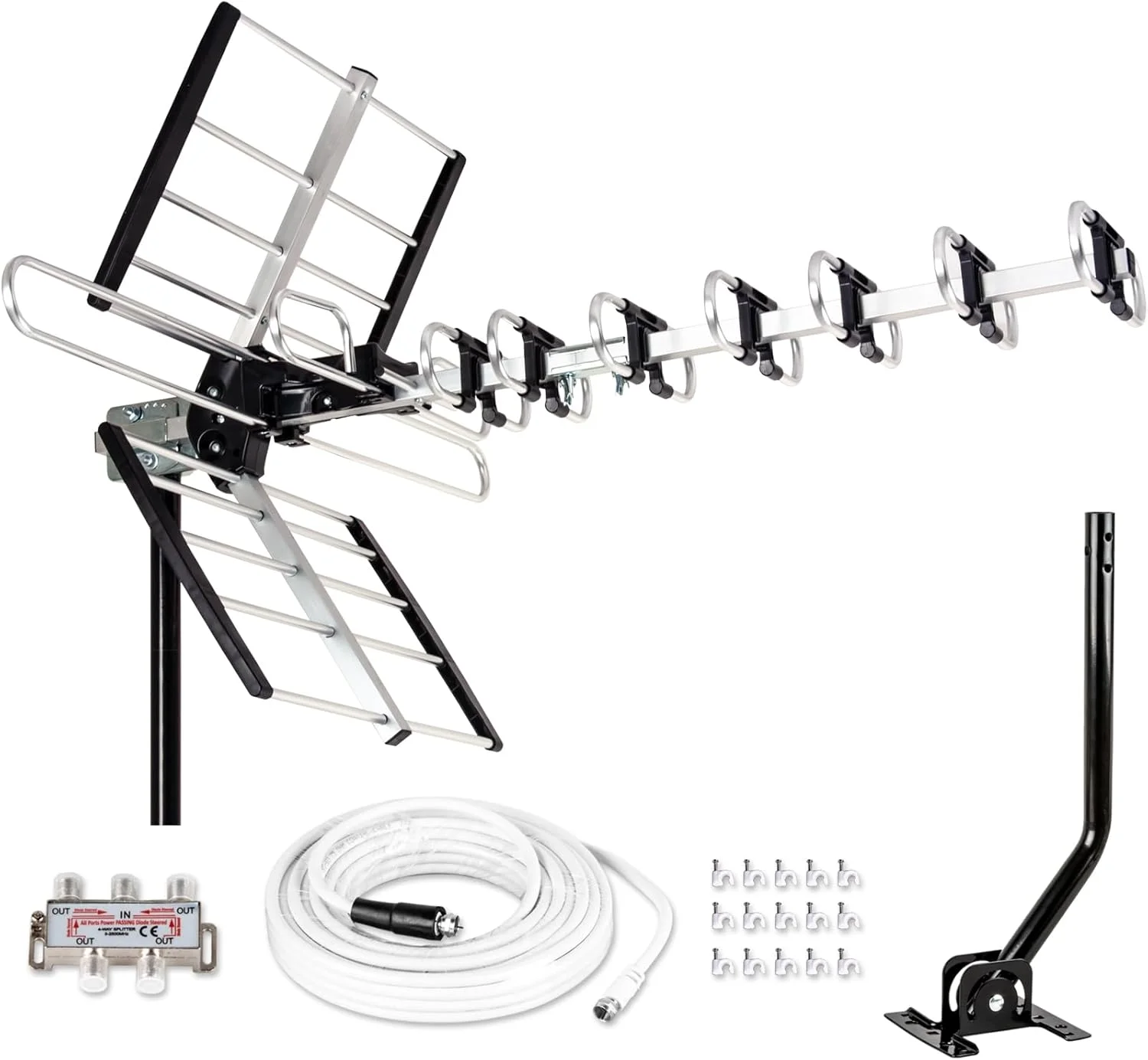 آنتن HDTV بیرونی Five Star [جدیدترین مدل 2021] با برد طولانی تا 200 مایل، آنتن تلویزیون قابل نصب در اتاق زیر شیروانی یا روی پشت بام، آنتن دیجیتال OTA دوربرد برای 4K 1080P VHF UHF، پشتیبانی از 4 تلویزیون به همراه کیت نصب و پایه J