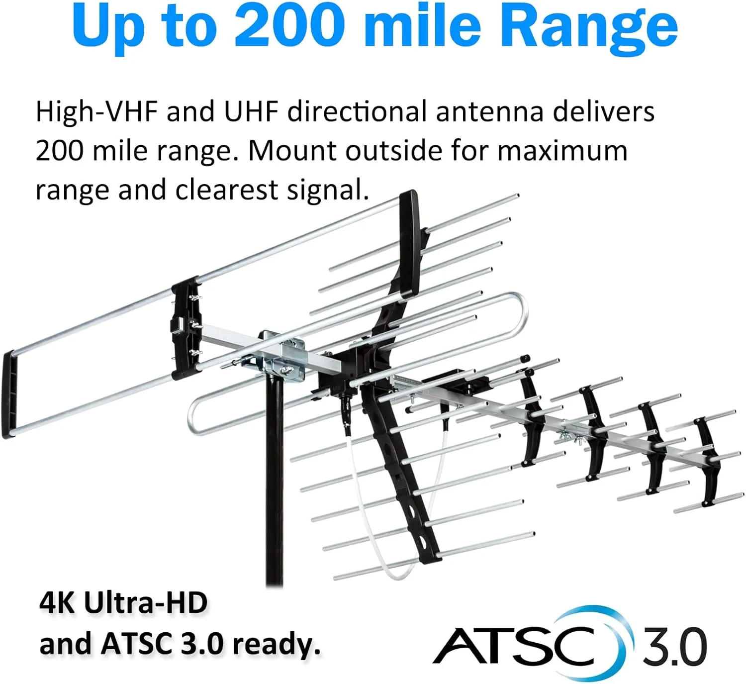 آنتن تلویزیون HD پنج ستاره مناسب فضای باز با برد طولانی تا 200 مایل، قابل نصب در اتاق زیر شیروانی یا روی پشت بام، آنتن دیجیتال OTA برای 4K 1080P VHF UHF، پشتیبانی از 4 تلویزیون به همراه کیت نصب و پایه J، آماده برای ATSC 3.0