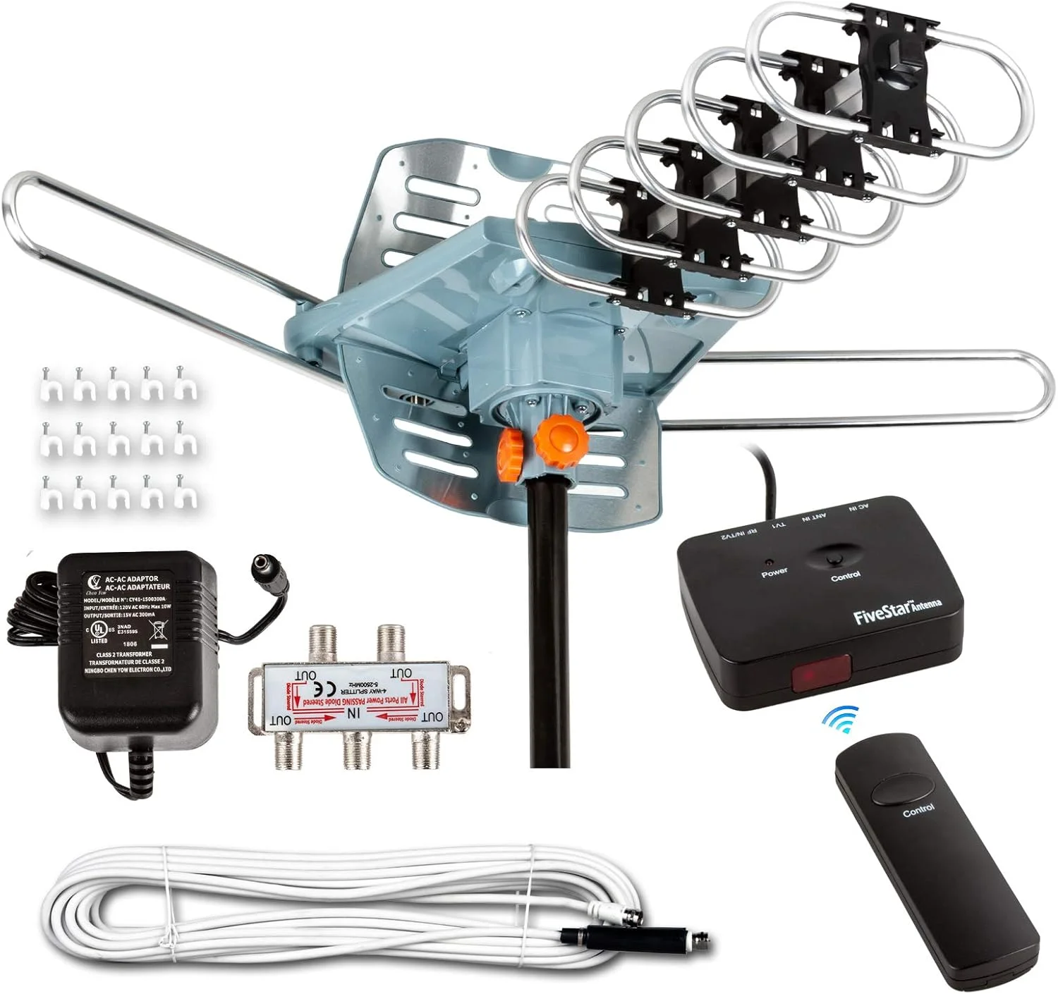 آنتن HDTV دیجیتال تقویت شده فضای باز Five Star با برد 800 فوت، کنترل از راه دور بی سیم، چرخش 360 درجه، کابل کواکسیال 30 متری RG6 و تجهیزات نصب برای 5 تلویزیون