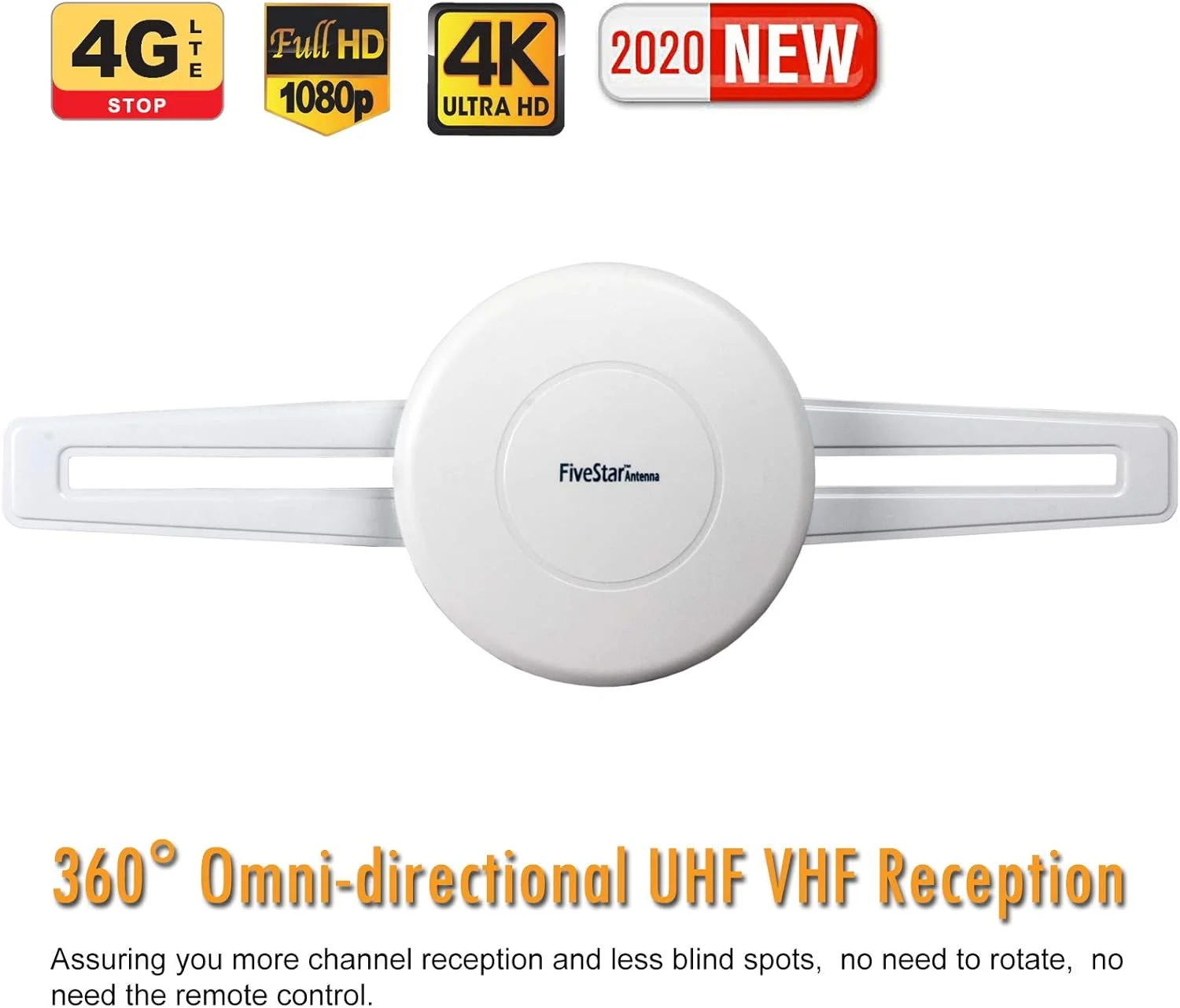 آنتن تلویزیون HDTV پنج ستاره [جدیدترین مدل 2020]، دریافت 360 درجه همه جهته، آنتن تلویزیون تقویت شده خارجی با برد طولانی 150 مایل برای استفاده در داخل/خارج از خانه، RV، اتاق زیر شیروانی، پشتیبانی از 4K 1080P UHF VHF، کیت نصب 4 تلویزیون