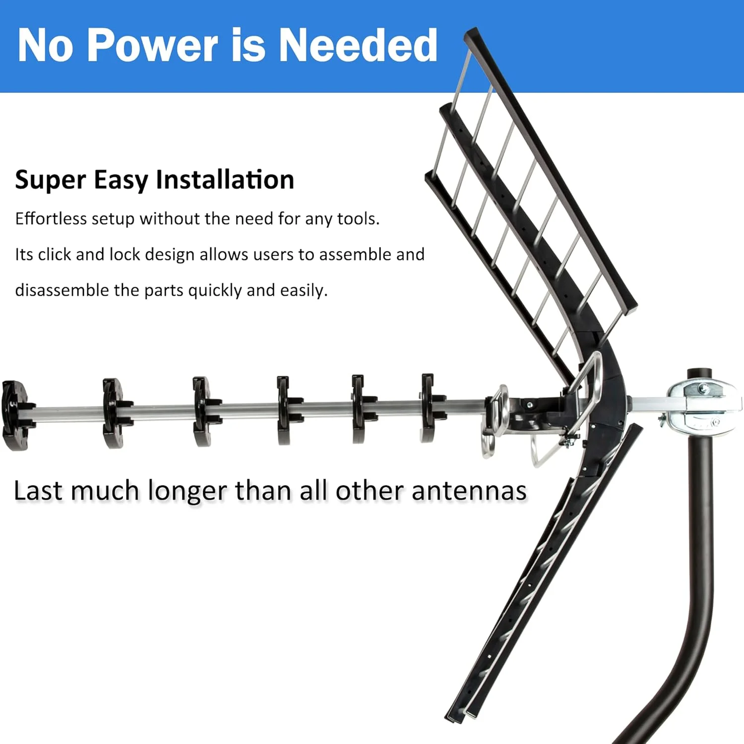 آنتن بیرونی HDTV VHF UHF با برد طولانی 200 مایلی فایو استار 2024، به همراه میله نصب 27 اینچی، پشتیبانی از ATSC 3.0 و 4K