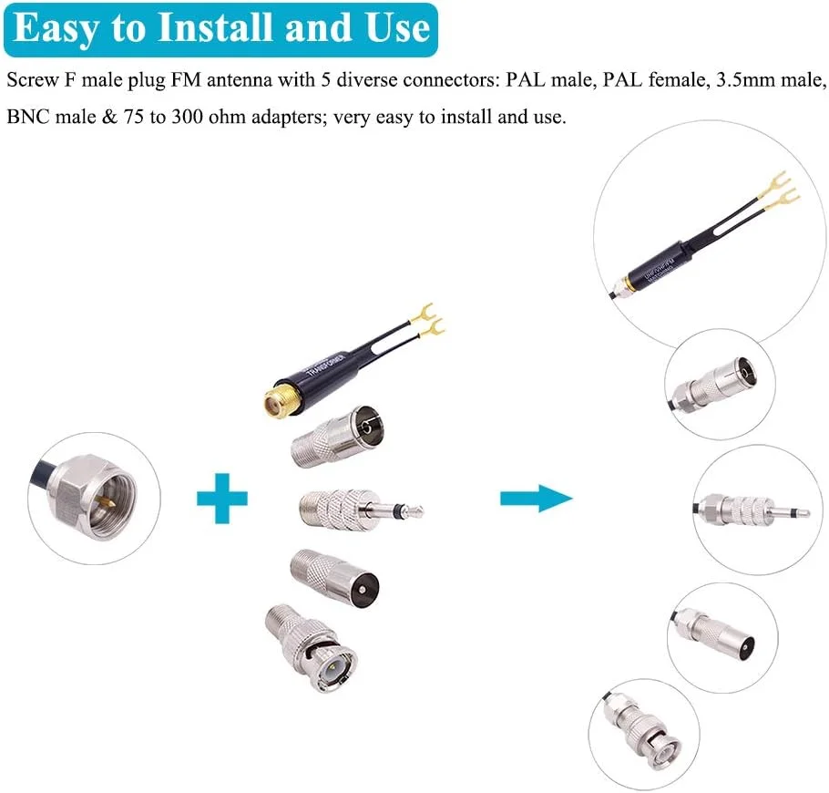 آنتن FM یونیورسال Fancasee با پایه مغناطیسی 75 اهم، دوشاخه نری پیچی F به همراه آداپتور اتصال PAL BNC 3.5mm و 75 به 300 اهم، کابل کواکسیال آنتن رادیو FM برای گیرنده استریو AV خانگی داخلی و خارجی