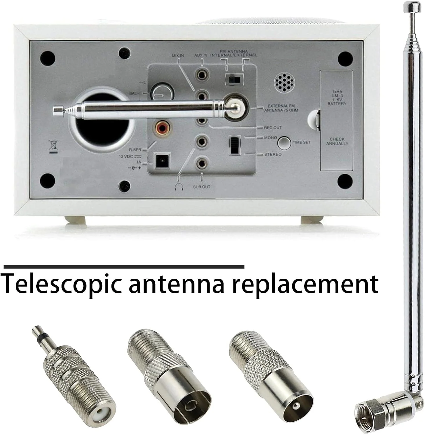 آنتن رادیویی FM تلسکوپی 74 سانتی متری eMagTech، 75 اهم، کانکتور نری نوع F به همراه آداپتور برای رادیوهای رومیزی، سیستم استریو HiFi AV و مینی سیستم