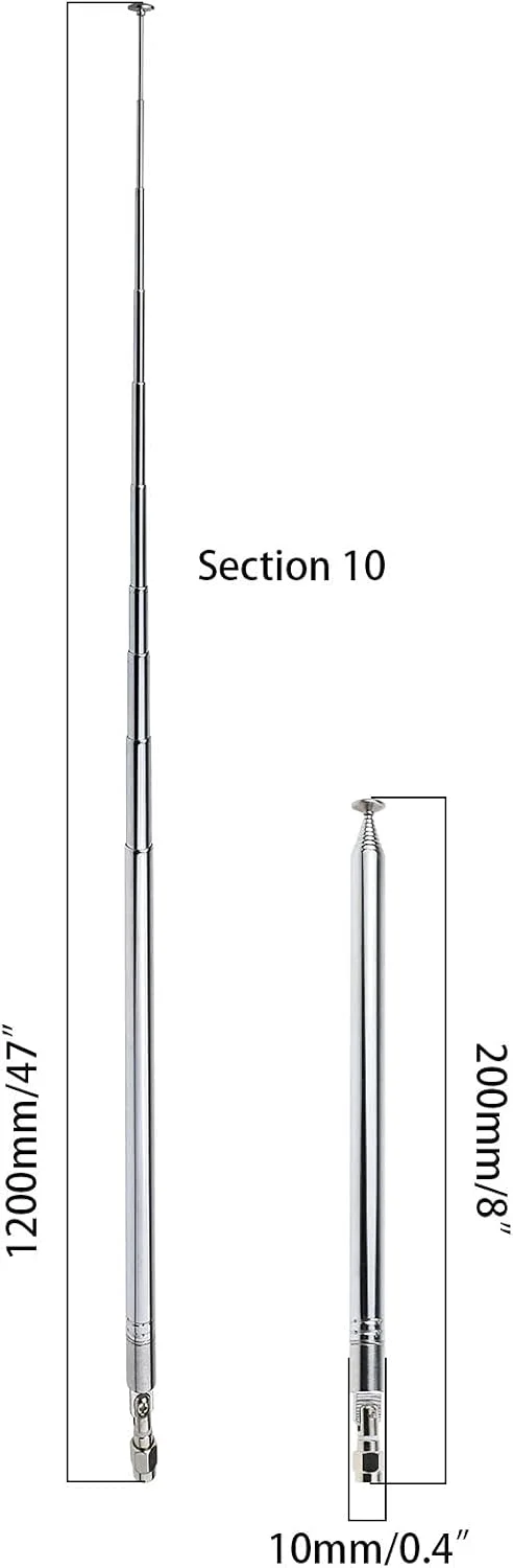 آنتن تلسکوپی 10 قسمتی eMagTech، 2 عدد، 200-1200 میلی متر، قطر 10 میلی متر، جایگزین آنتن DAB FM برای رادیو، تلویزیون، سیستم بی سیم VHF/UHF، فولاد ضد زنگ
