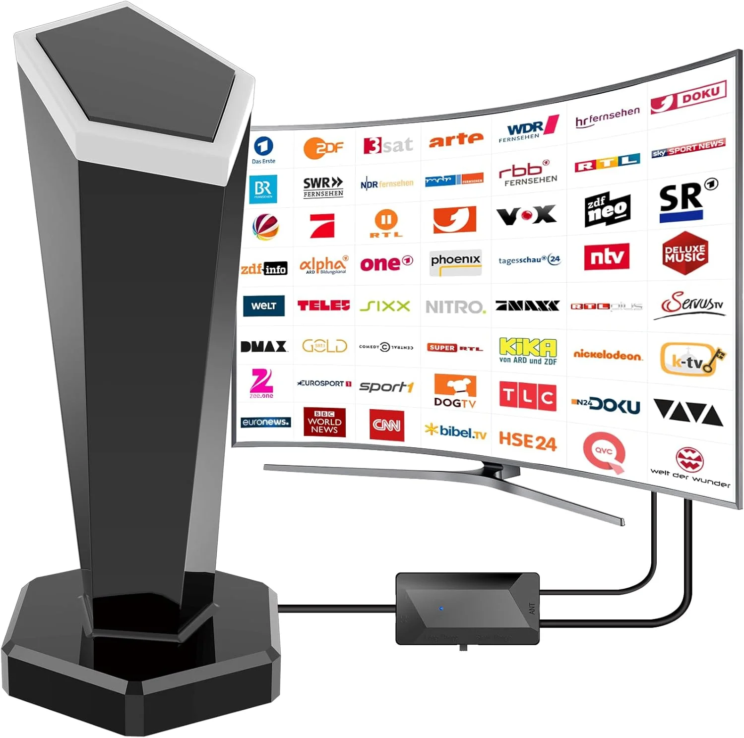 آنتن DVBT/DVBT2 با تقویت کننده - آنتن داخلی HDTV برای تلویزیون ها و پایه مغناطیسی، محدوده دریافت سیگنال 420 کیلومتر و دریافت 360 درجه، پشتیبانی از کانال های 4K/1080P HD و DAB/UHF/VHF