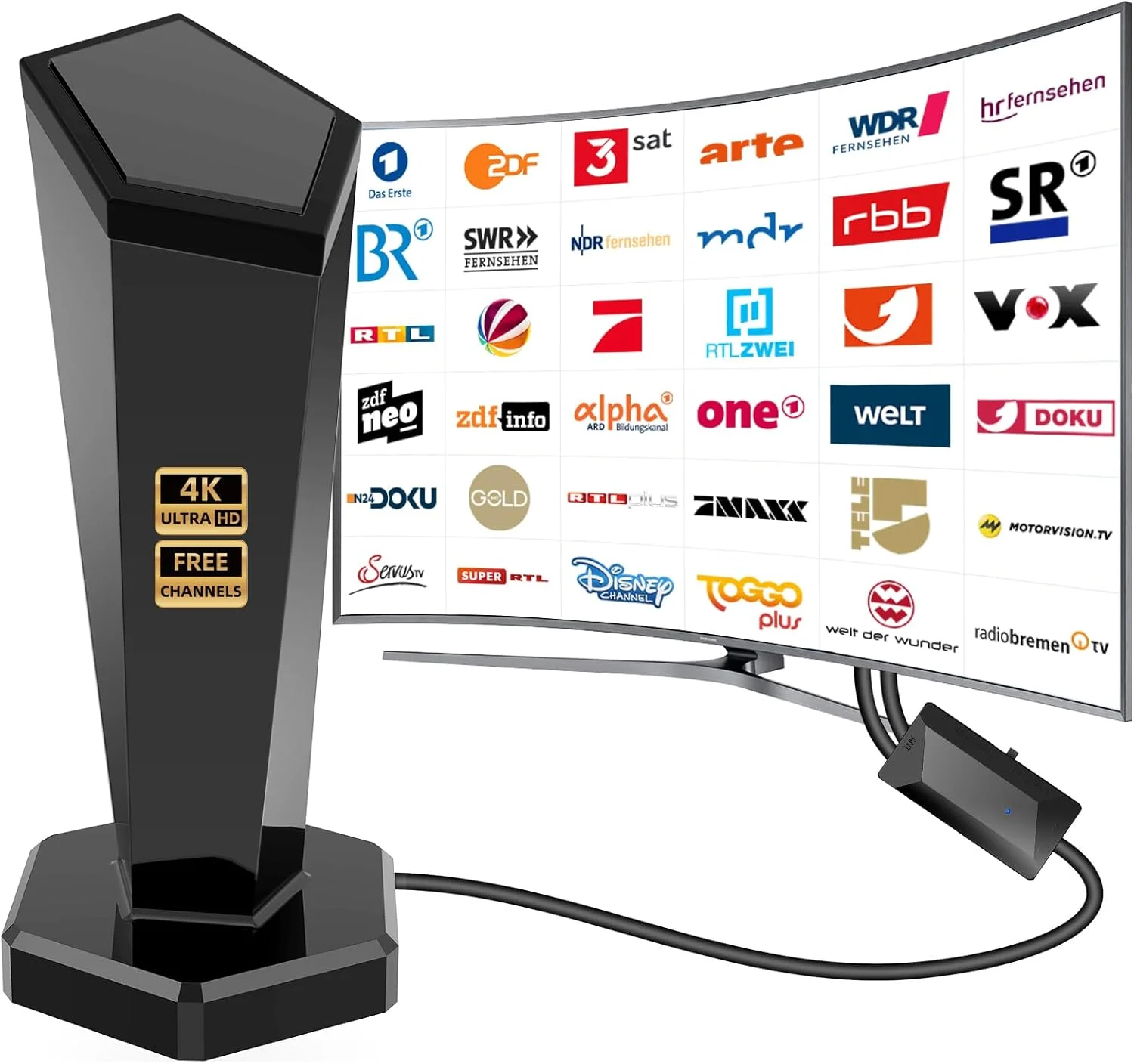 آنتن داخلی تلویزیون DVBT/DVBT2 با تقویت کننده - آنتن HDTV برای تلویزیون، برد بلند 420 کیلومتر و گیرندگی 360 درجه، با پایه مغناطیسی - پشتیبانی از 4K 1080P - تمام تلویزیون ها DAB/UHF/VHF