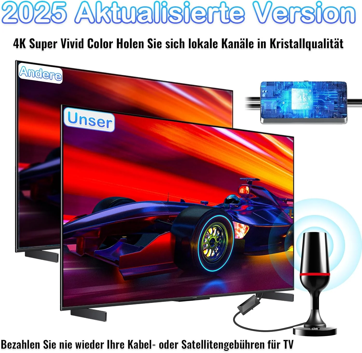 آنتن داخلی HD DVB-T/T2، آنتن داخلی تلویزیون با تقویت کننده و پایه مغناطیسی - دریافت 360 درجه 4K/1080P HD، سازگار با همه تلویزیون ها، DAB/UHF/VHF و کابل 3 متری