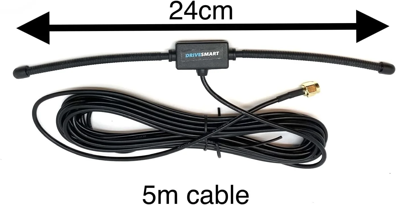 آنتن خودرو DriveSmart DAB، آنتن SMA، آنتن رادیو خودرو DAB، آنتن جایگزین شیشه DAB، آنتن دیپولی با نصب روی شیشه جلو با کانکتور SMA و کابل 5 متری تقویت کننده برای Blaupunkt Pioneer Clarion Kenwood Alpine