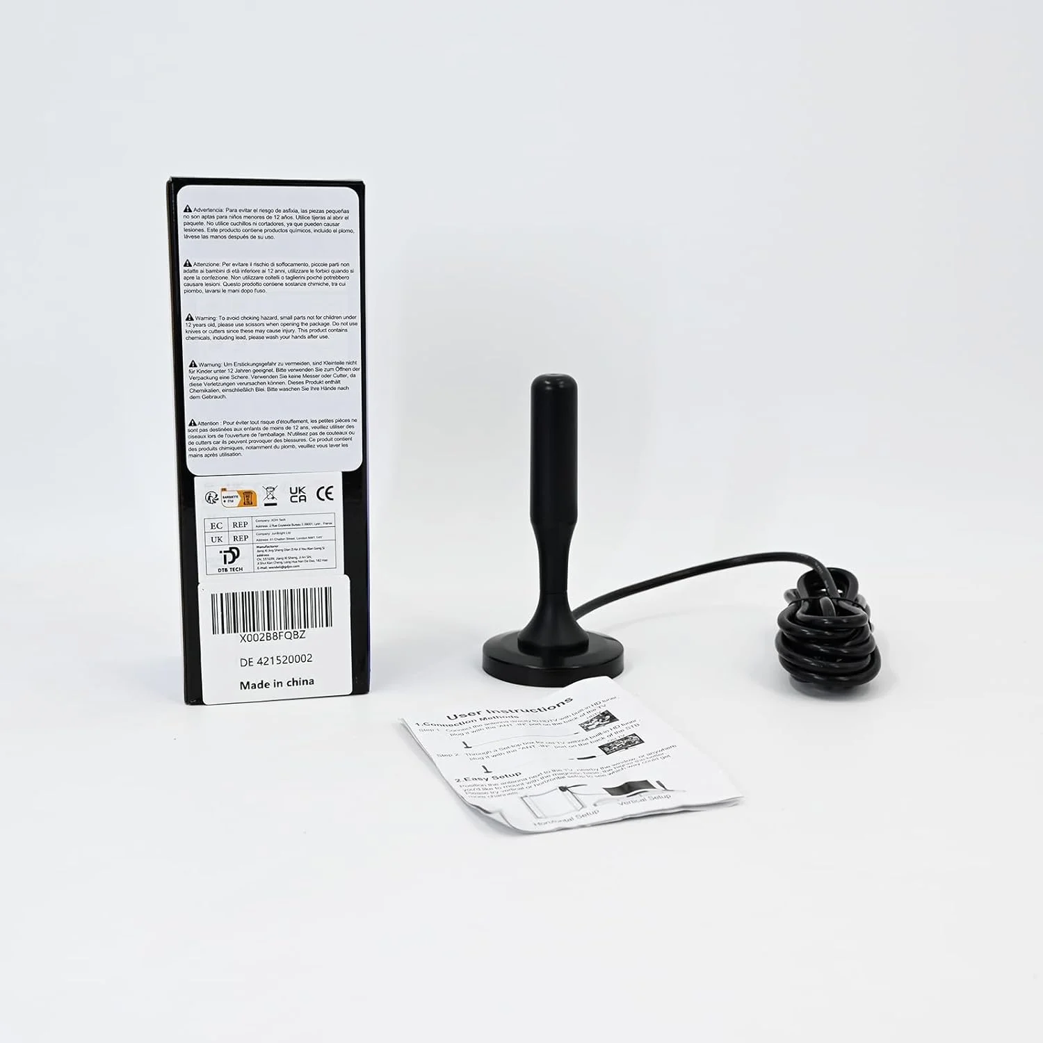 آنتن داخلی تلویزیون DTB TECH DVBT2، برد 240 کیلومتر 360 درجه، آنتن Dab با پایه مغناطیسی، کابل کواکسیال 3 متری، کیفیت سیگنال از طریق هسته آلومینیومی، مناسب برای تمام دستگاه های تلویزیون