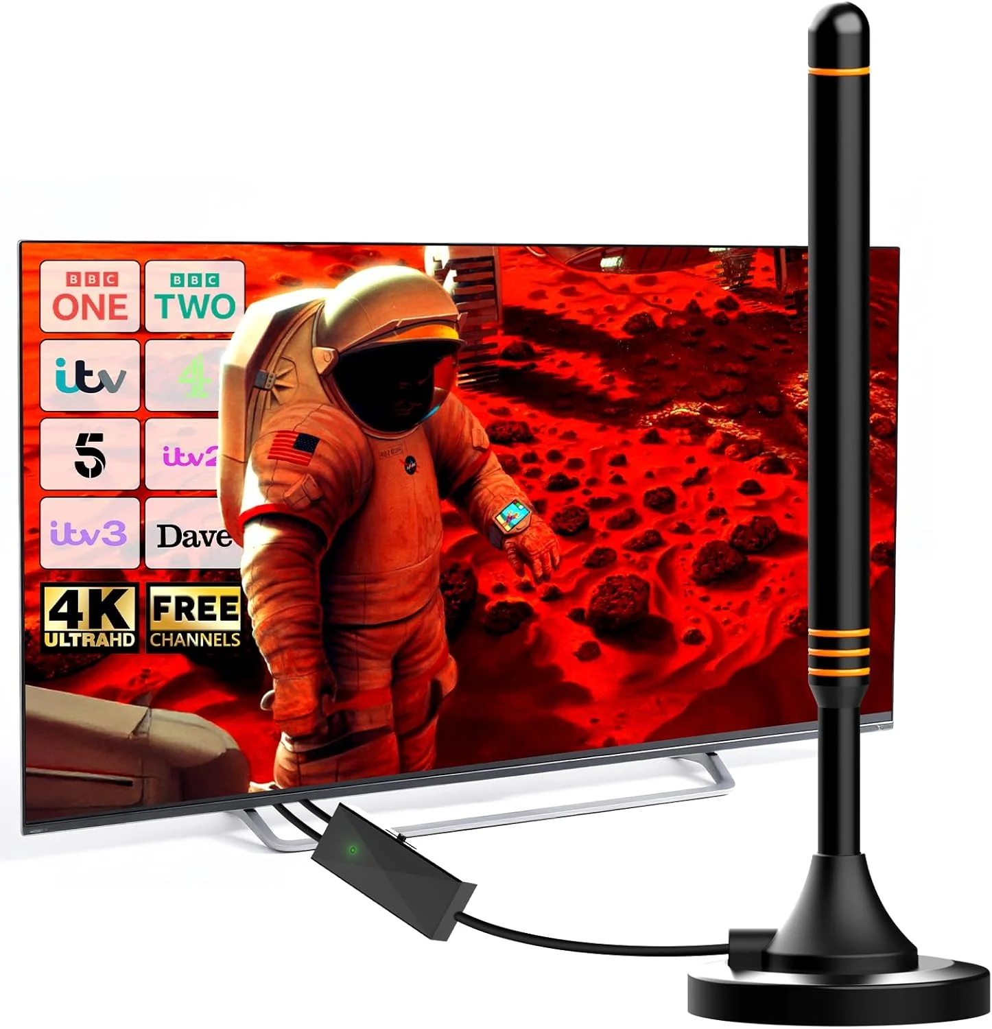 آنتن تلویزیون داخلی با پایه مغناطیسی و تقویت کننده سیگنال - گیرندگی 360 درجه سازگار با Freeview، آنتن داخلی دیجیتال برای تلویزیون هوشمند - پشتیبانی از 8K 4K 1080P HDTV - کابل کواکسیال 5 متری