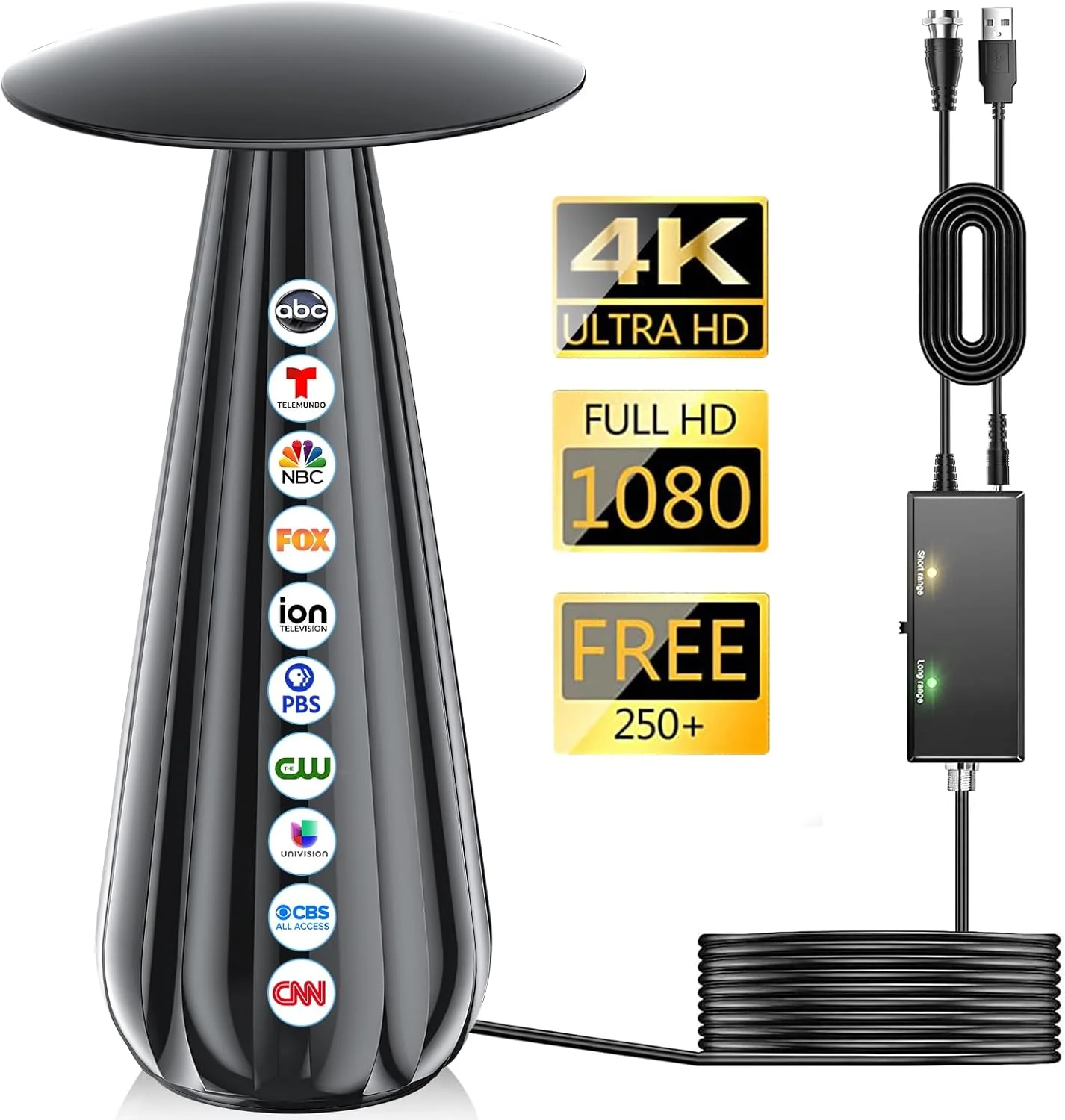 آنتن تلویزیون داخلی با برد 2800+ مایل، آنتن دیجیتال 2025 برای تلویزیون هوشمند، آنتن HDTV برای کانال های محلی با تقویت کننده سیگنال، پشتیبانی از 4k 8k 1080p همه تلویزیون ها - کابل کواکسیال 38 فوتی