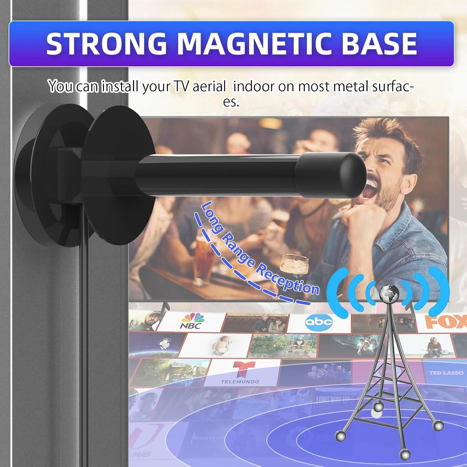 آنتن تلویزیون داخلی با پایه مغناطیسی - گیرندگی 360 درجه سازگار با Freeview، آنتن داخلی دیجیتال برای تلویزیون هوشمند - پشتیبانی از 8K 4K 1080P HDTV - کابل کواکسیال 3 متری