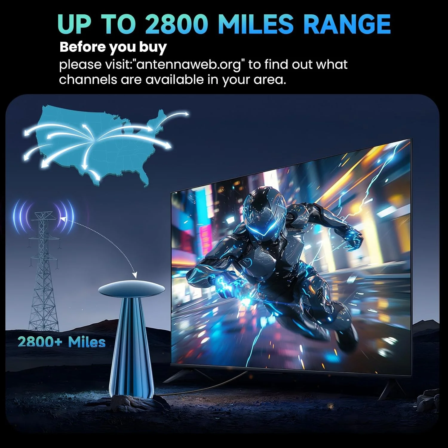 آنتن تلویزیون داخلی با برد 2800+ مایل، آنتن دیجیتال 2025 برای تلویزیون هوشمند، آنتن HDTV برای کانال های محلی با تقویت کننده سیگنال، پشتیبانی از 4k 8k 1080p همه تلویزیون ها - کابل کواکسیال 38 فوتی