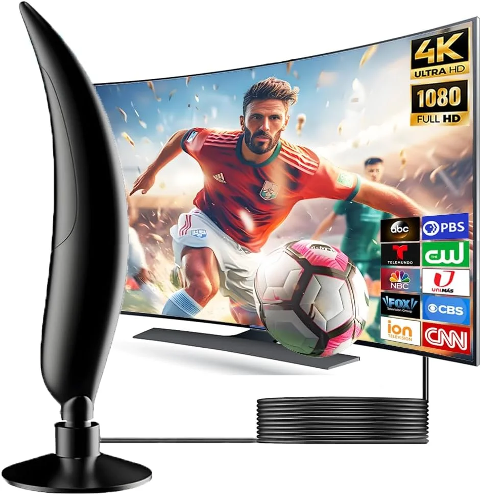 آنتن تلویزیون داخلی، آنتن دیجیتال تلویزیون برای تلویزیون هوشمند، آنتن های قابل حمل تلویزیون با سیگنال قوی با برد طولانی 200+ مایل، آنتن داخلی تلویزیون برای پشتیبانی از پخش رایگان 4K 1080P HD با کابل کواکسیال 16.5FT