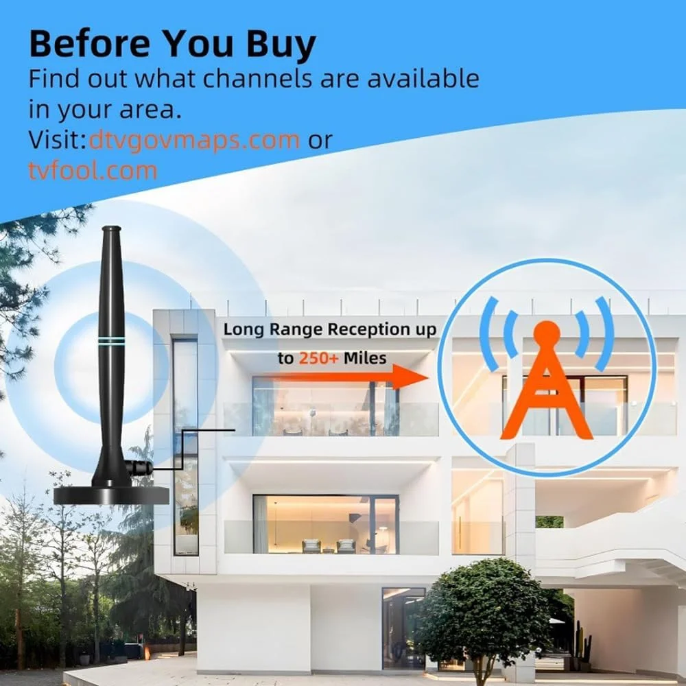 آنتن تلویزیون دیجیتال - آنتن هوایی داخلی/خارجی HDTV 4K/1080P با تقویت کننده سیگنال تقویت شده، برد 250 مایل، پایه مغناطیسی و پایه خودرو برای همه تلویزیون ها