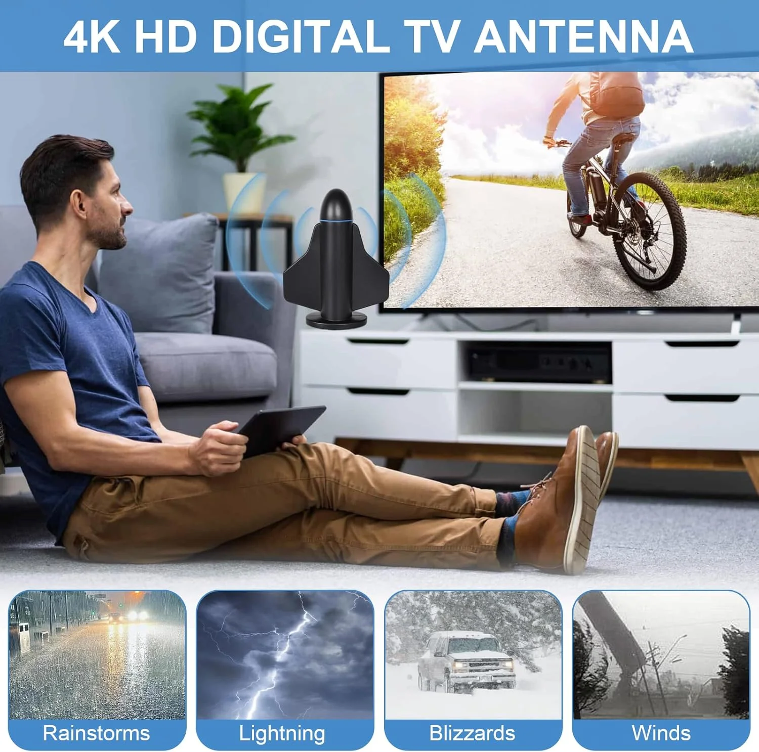 آنتن تلویزیون دیجیتال DVB-T2 DTMB قابل حمل داخلی/خارجی با پایه مغناطیسی، کابل 5 متری، کانکتور USB، آنتن دیجیتال 4K 1080P VHF HD، گیرندگی 360 درجه