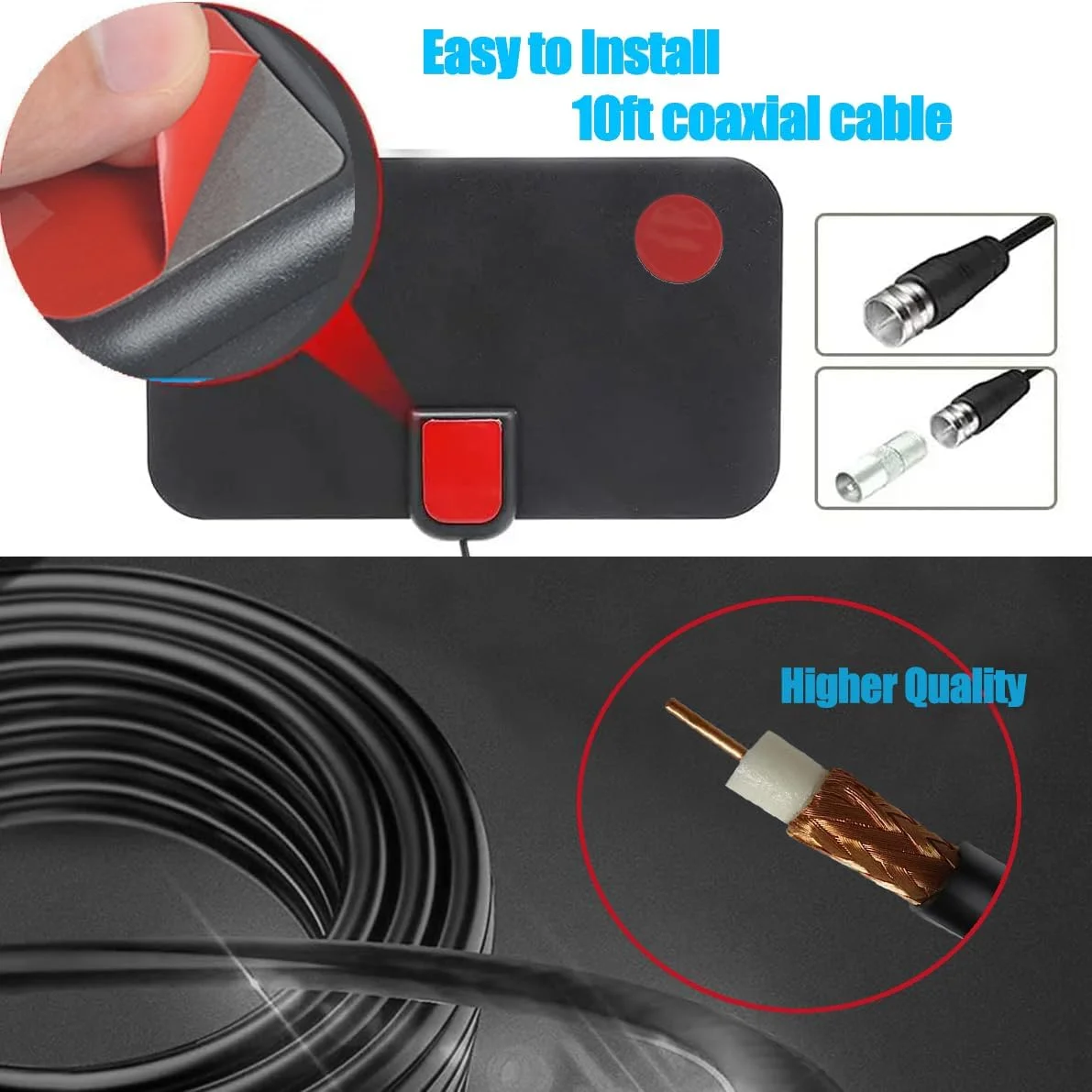 آنتن تلویزیون دیجیتال برای تلویزیون هوشمند، گیرندگی 360 درجه، پشتیبانی از تلویزیون هوشمند 4K 1080P، تقویت کننده سیگنال جداشدنی - تقویت کننده سیگنال - آنتن HDTV کابل کواکسیال 10 فوتی HDTV، آنتن