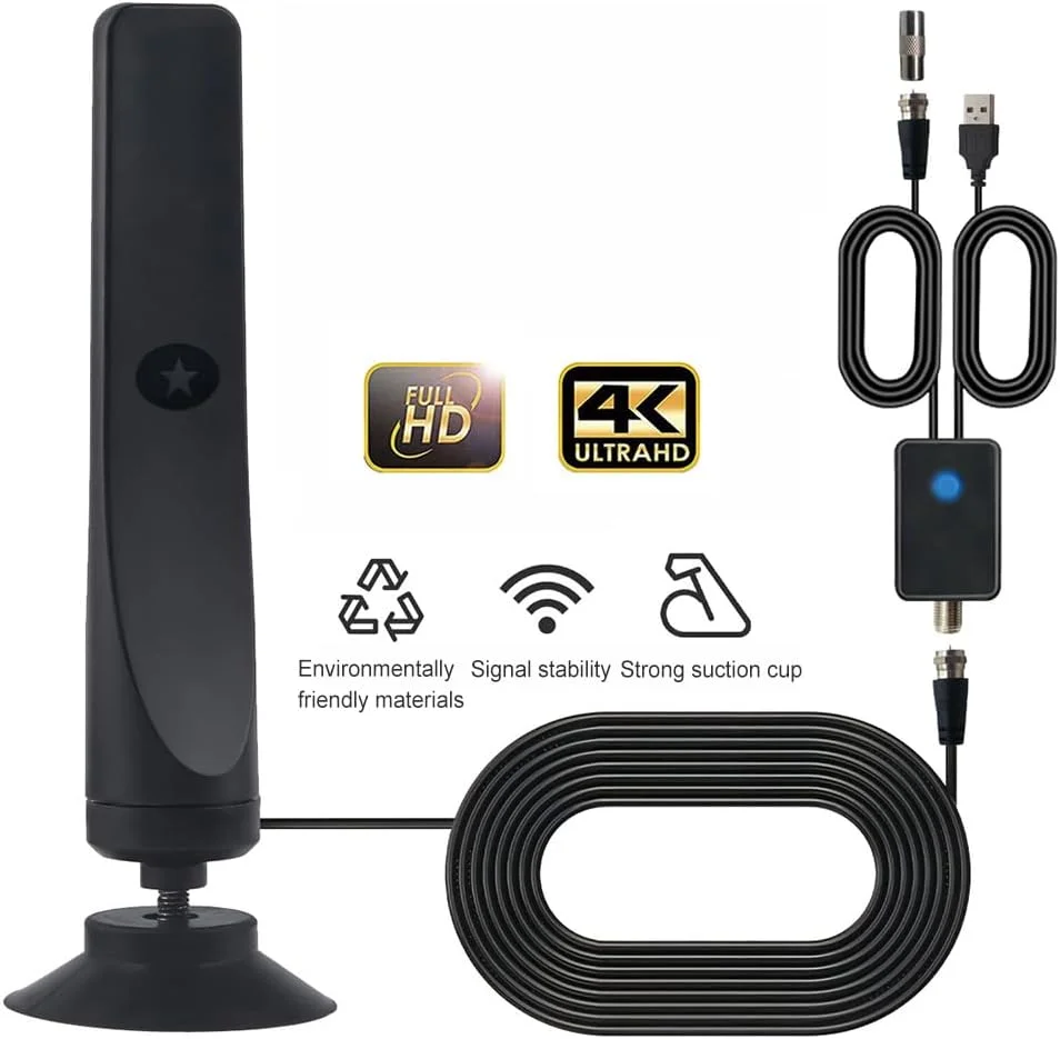 آنتن دیجیتال تلویزیون با تقویت کننده سیگنال، آنتن قابل حمل با برد 50 مایل، آنتن تلویزیون با مکنده، اتصال آسان برای تلویزیون دیجیتال هوشمند