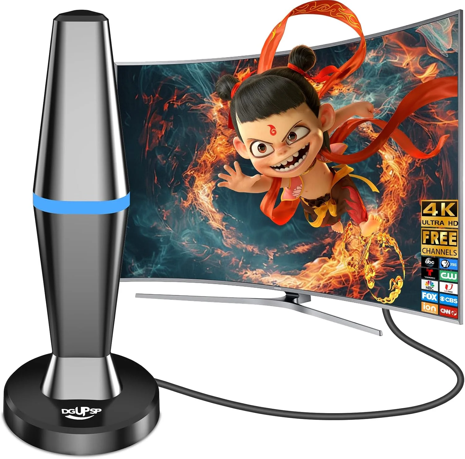 آنتن تلویزیون دیجیتال برای تلویزیون هوشمند، آنتن تلویزیون داخلی برای تلویزیون بدون کابل با پایه مغناطیسی قوی، آنتن HD با گیرندگی 360 درجه برای تلویزیون داخلی 4K - کابل های بلند 10 فوتی (آبی-V15601)