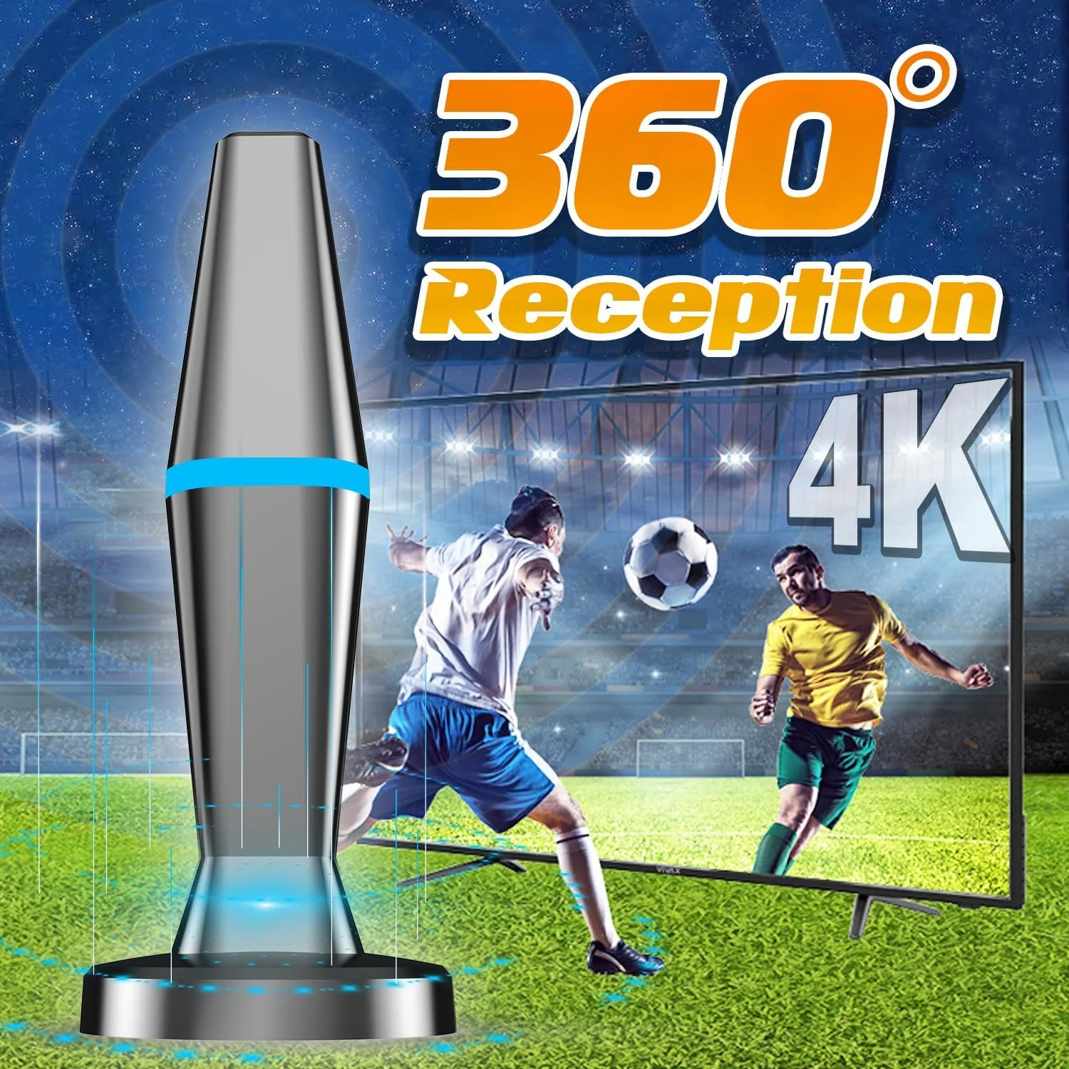 آنتن تلویزیون دیجیتال برای تلویزیون هوشمند، آنتن تلویزیون داخلی برای تلویزیون بدون کابل با پایه مغناطیسی قوی، آنتن HD با گیرندگی 360 درجه برای تلویزیون داخلی 4K - کابل های بلند 10 فوتی (آبی-V15601)