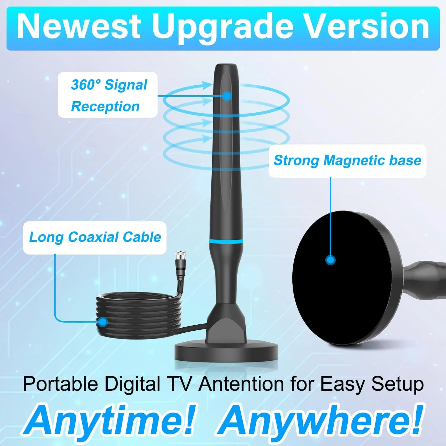 آنتن تلویزیون دیجیتال برای تلویزیون هوشمند، آنتن دیجیتال HDTV داخلی/خارجی 2023 با پایه مغناطیسی قوی، آنتن گیرنده تلویزیون دیجیتال HD 360 درجه برای داخل خانه، پشتیبانی از 4K 1080p