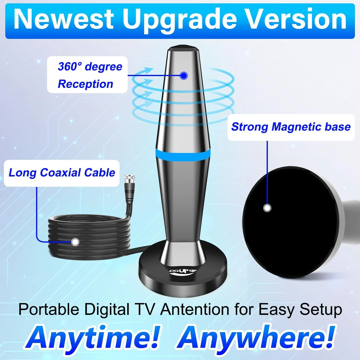 آنتن تلویزیون دیجیتال برای تلویزیون هوشمند، آنتن تلویزیون داخلی برای تلویزیون بدون کابل با پایه مغناطیسی قوی، آنتن HD با گیرندگی 360 درجه برای تلویزیون داخلی 4K - کابل های بلند 10 فوتی (آبی-V15601)