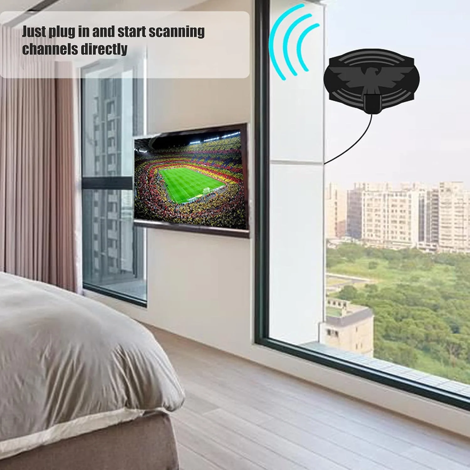 آنتن تلویزیون داخلی، 240 کیلومتر 25dB آنتن دیجیتال HDTV Arial HD VHF UHF پنجره ای برای کانال های محلی، کانکتور نر F، سازگار با 720p، 1080p، 4K، ATSC