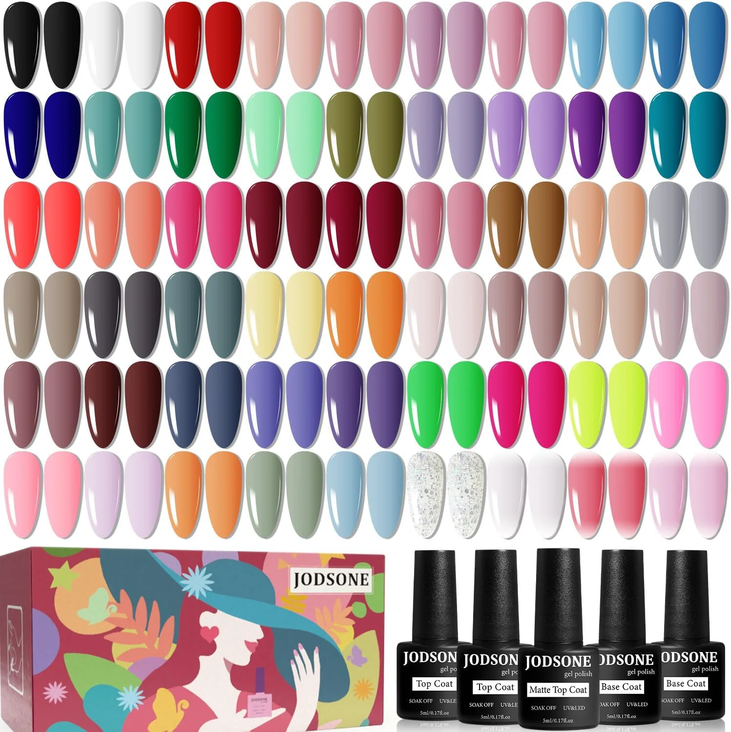 کیت لاک ژل جادسون 60 عددی با 5 بطری لاک پایه و روکش براق و مات، ست لاک ژل مناسب برای تمام فصول، هدیه لاک ژل