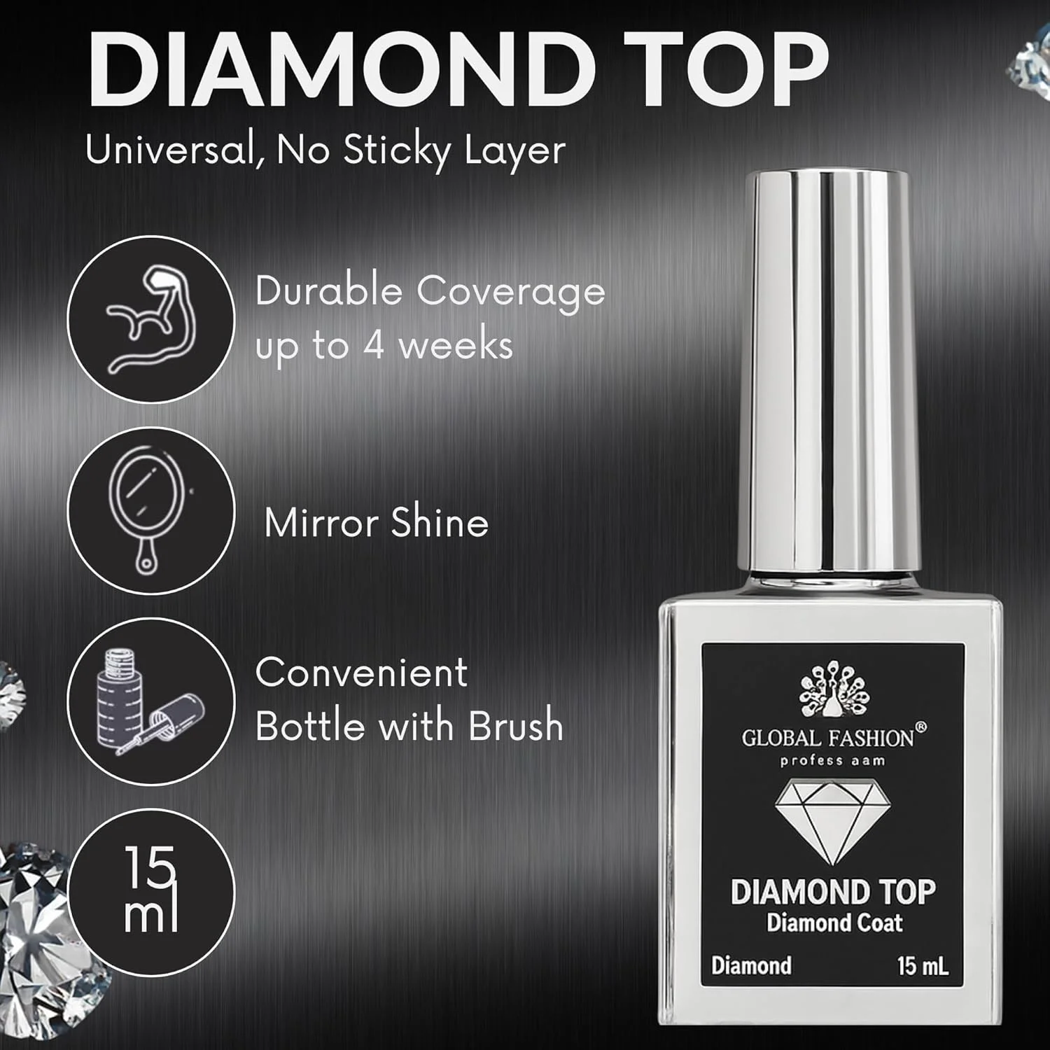 تاپ کت یونیورسال گلوبال فشن - بدون چسبندگی، ماندگاری طولانی، خشک شدن سریع، پوشش براق، لاک ناخن حلال، مراقبت برتر ناخن، تاپ کت شفاف (تاپ دایموند، 15 میلی لیتر)