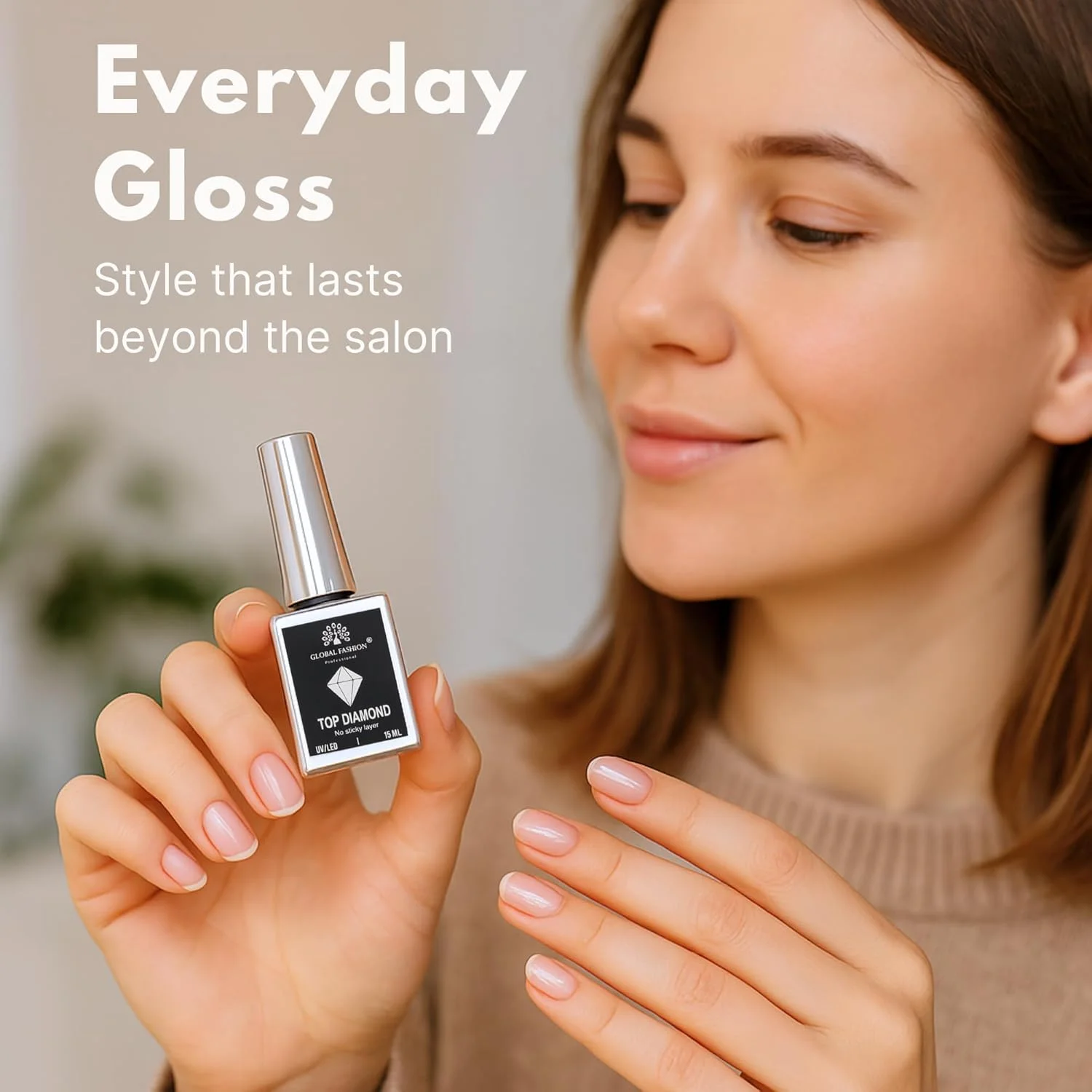 تاپ کت یونیورسال گلوبال فشن - بدون چسبندگی، ماندگاری طولانی، خشک شدن سریع، پوشش براق، لاک ناخن حلال، مراقبت برتر ناخن، تاپ کت شفاف (تاپ دایموند، 15 میلی لیتر)