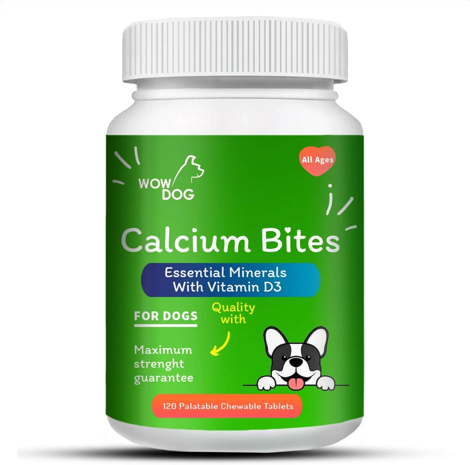 قرص جویدنی کلسیم سگ WOW DOG - مکمل کلسیم برای سگ ها با ویتامین D3، B12، منیزیم و روی | طعم مرغ - 120 قرص