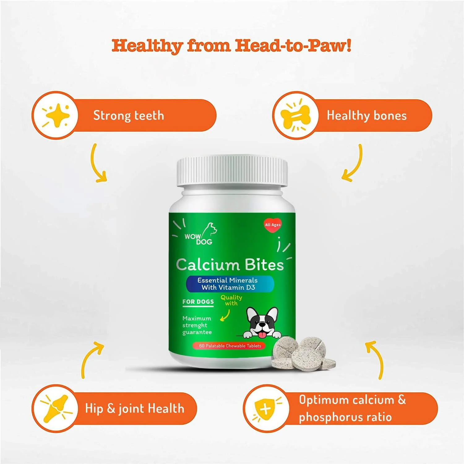 قرص جویدنی کلسیم سگ WOW DOG - مکمل کلسیم برای سگ ها با ویتامین D3، B12، منیزیم و روی | طعم مرغ - 120 قرص