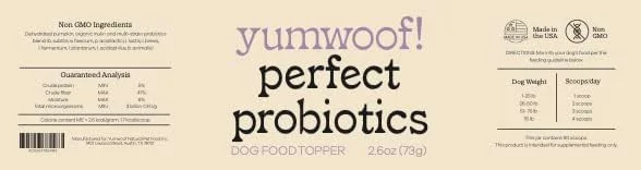 مکمل غذای سگ یام ووف، پروبیوتیک عالی، غیر تراریخته، با کیفیت انسانی، حاوی اینولین پری‌بیوتیک و کدو تنبل | آلرژی، هضم، ایمنی، اسهال، یبوست | 9 سویه مورد تایید علمی