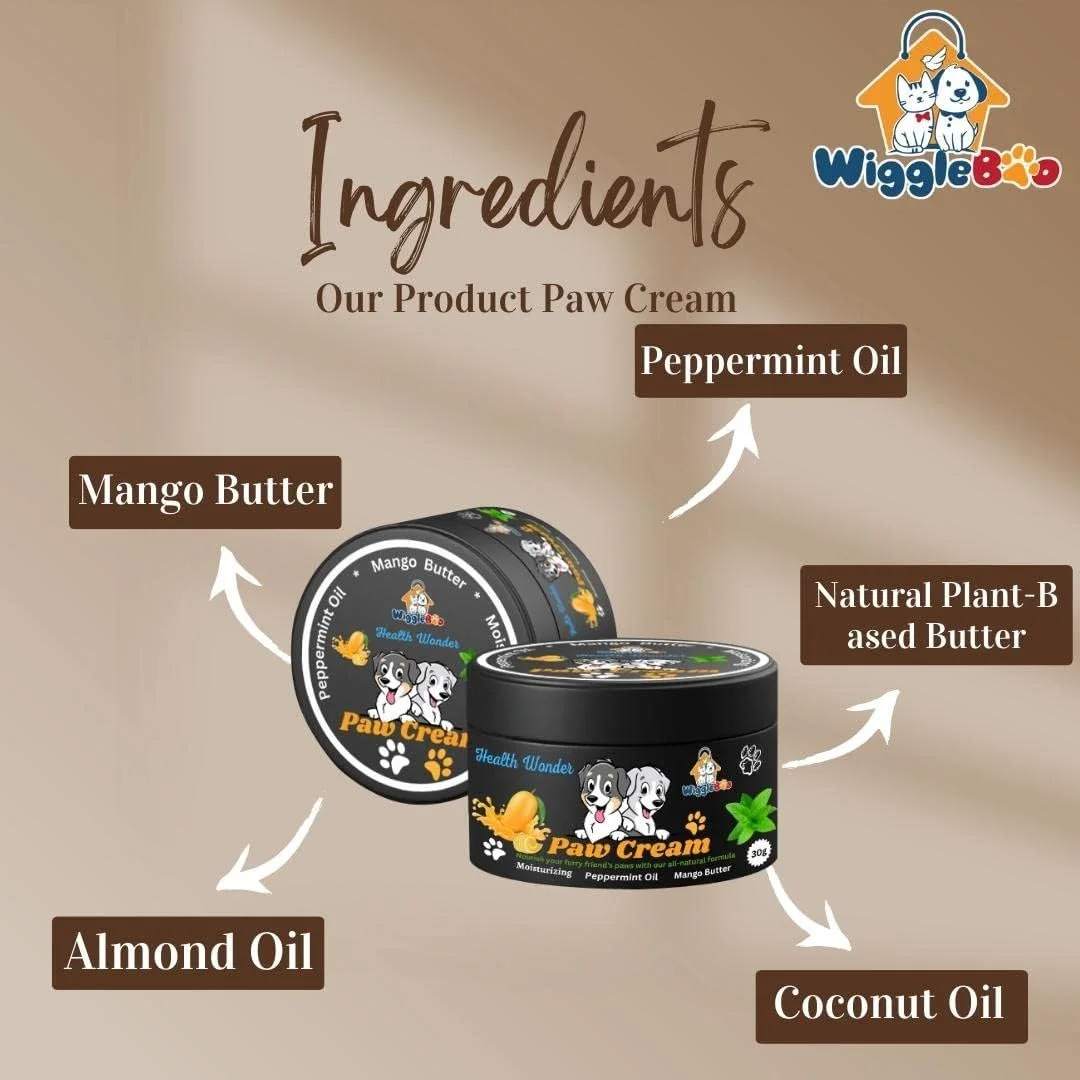 کرم مراقبت از پنجه سگ WiggleBoo: کرم حرفه ای پنجه سگ برای مراقبت بهینه از پنجه | غنی شده با کره گیاهی طبیعی و روغن های ضروری | تغذیه کننده، التیام بخش و محافظت کننده برای پنجه های شاد و سالم (30 گرم)