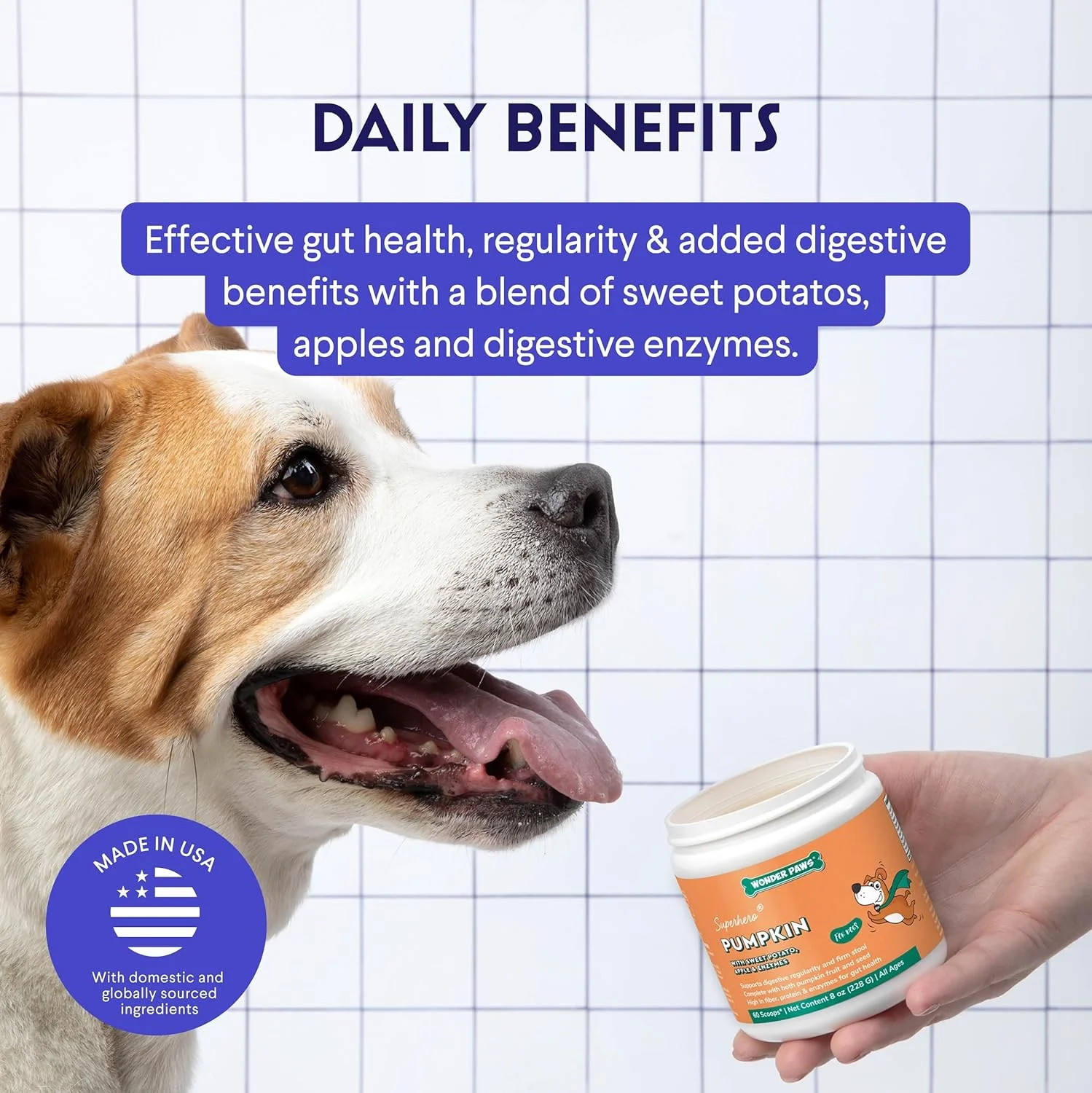 پودر کدو تنبل ارگانیک سگ WONDER PAWS - حاوی سیب، سیب زمینی شیرین و آنزیم - پشتیبانی از هضم، مدفوع و سلامت روده - به عنوان مکمل فیبر استفاده شود یا با آب مخلوط شود تا پوره کدو تنبل درست شود