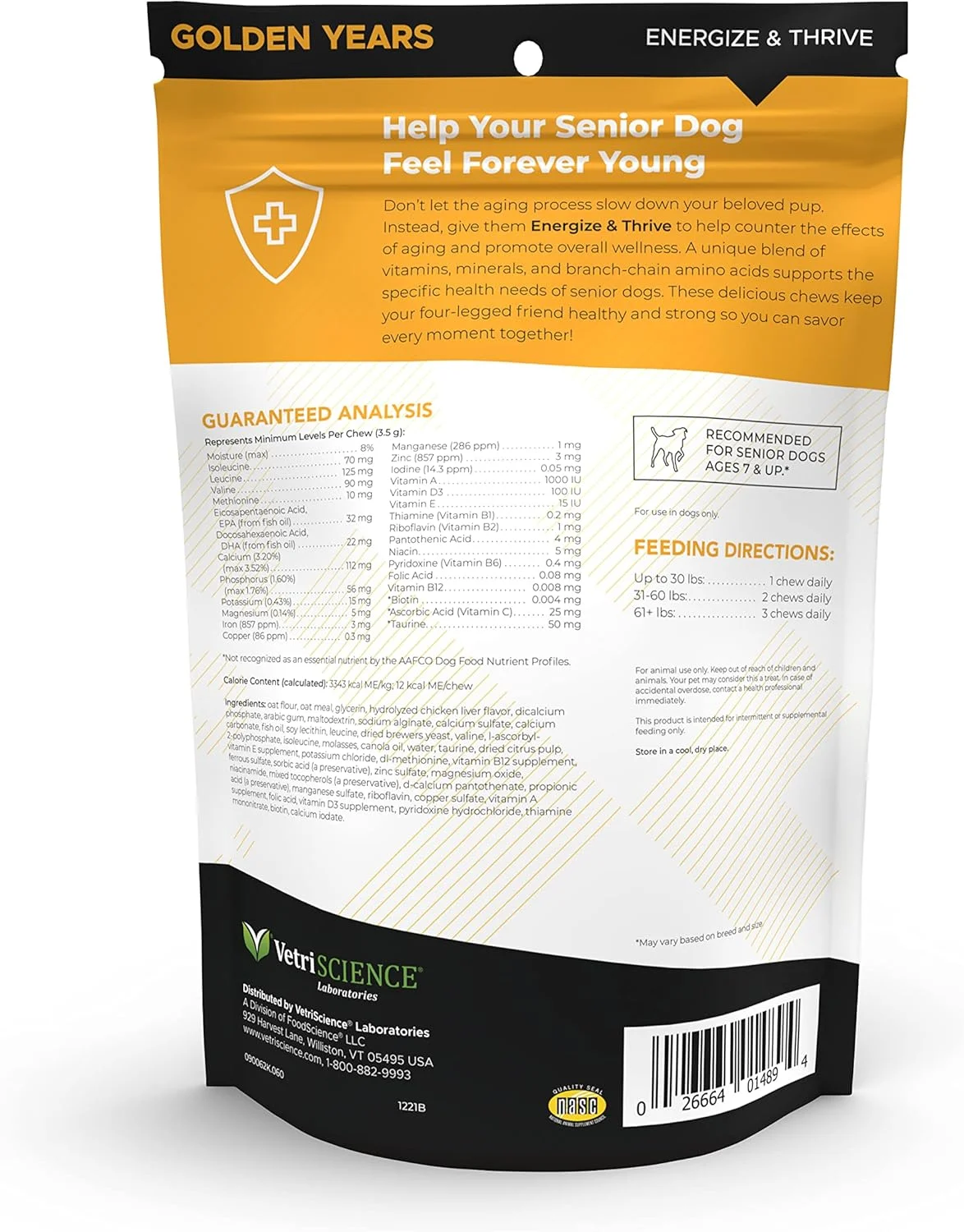 قرص های جویدنی تقویتی سگ های مسن VetriScience Extra Strength Senior 27+ Active Health، مولتی ویتامین روزانه Golden Years برای سگ های مسن، ویتامین ها، مواد معدنی و امگا 3 متعادل، پشتیبانی از پیری و سلامتی، طعم مرغ، 60 عدد