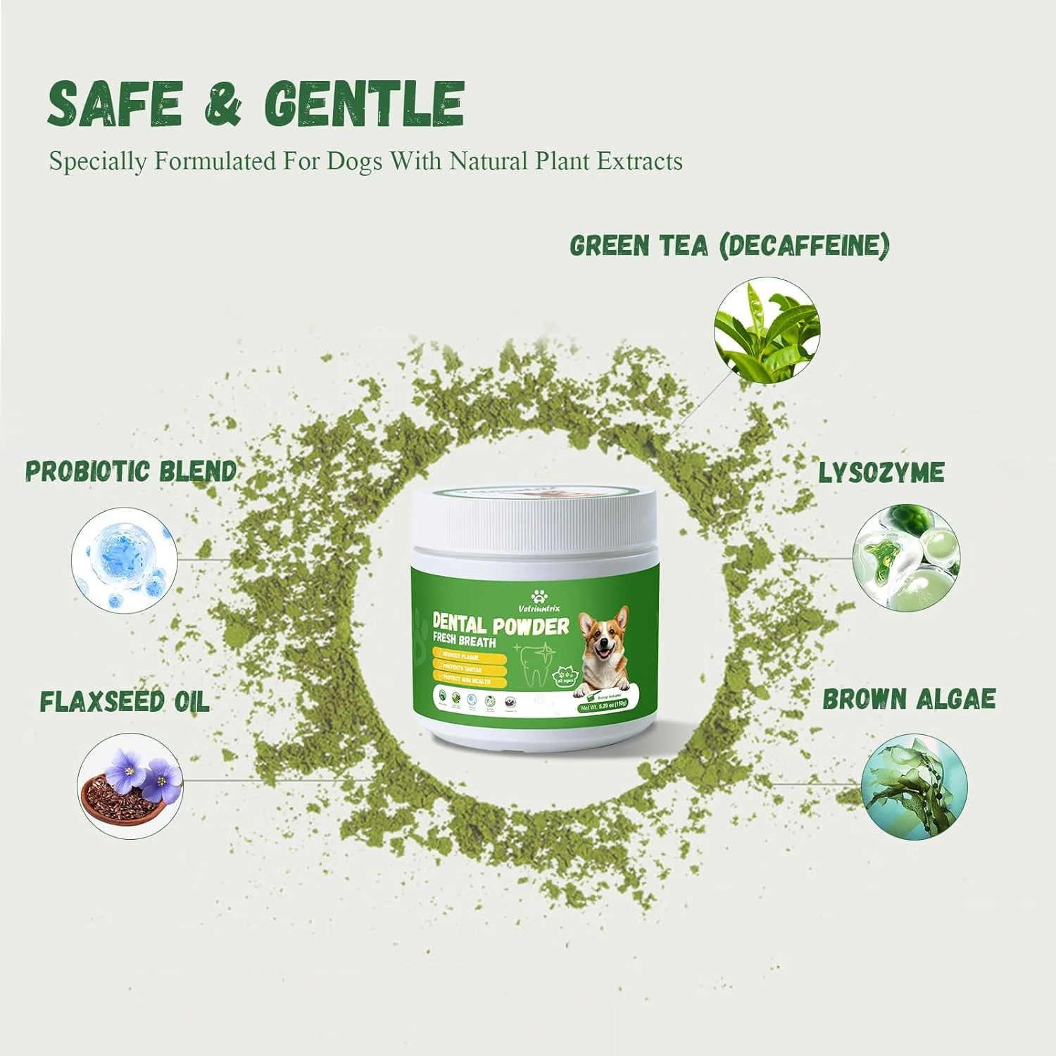 پودر مراقبت از دندان سگ Vetriuntrix - کنترل پلاک و جرم با آنزیم های طبیعی، پودر تمیز کننده دندان برای سگ ها با پروبیوتیک، درمان بوی بد دهان برای سگ های کوچک، متوسط و بزرگ
