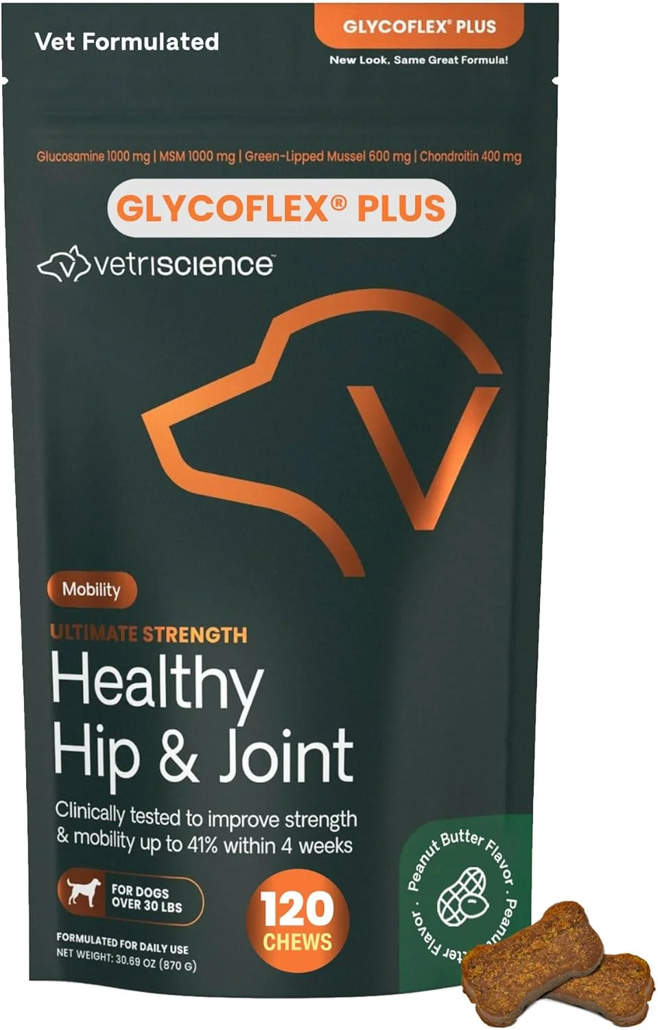 VetriScience Laboratories Glycoflex Plus، مکمل مفصل و لگن برای سگ ها، 120 عدد جویدنی با طعم کره بادام زمینی، جویدنی قهوه ای