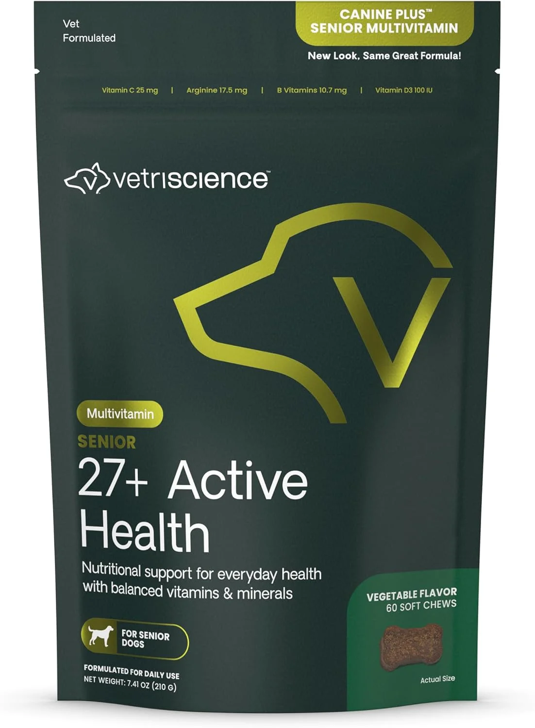 قرص های جویدنی بهداشتی فعال VetriScience Senior 27+، مولتی ویتامین روزانه Canine Plus برای سگ های مسن، ویتامین ها، مواد معدنی و آنتی اکسیدان ها، پشتیبانی از سلامت و تندرستی، گیاهی، 60 عدد