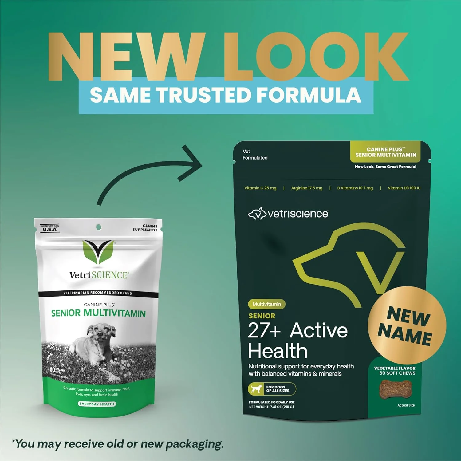 قرص های جویدنی بهداشتی فعال VetriScience Senior 27+، مولتی ویتامین روزانه Canine Plus برای سگ های مسن، ویتامین ها، مواد معدنی و آنتی اکسیدان ها، پشتیبانی از سلامت و تندرستی، گیاهی، 60 عدد